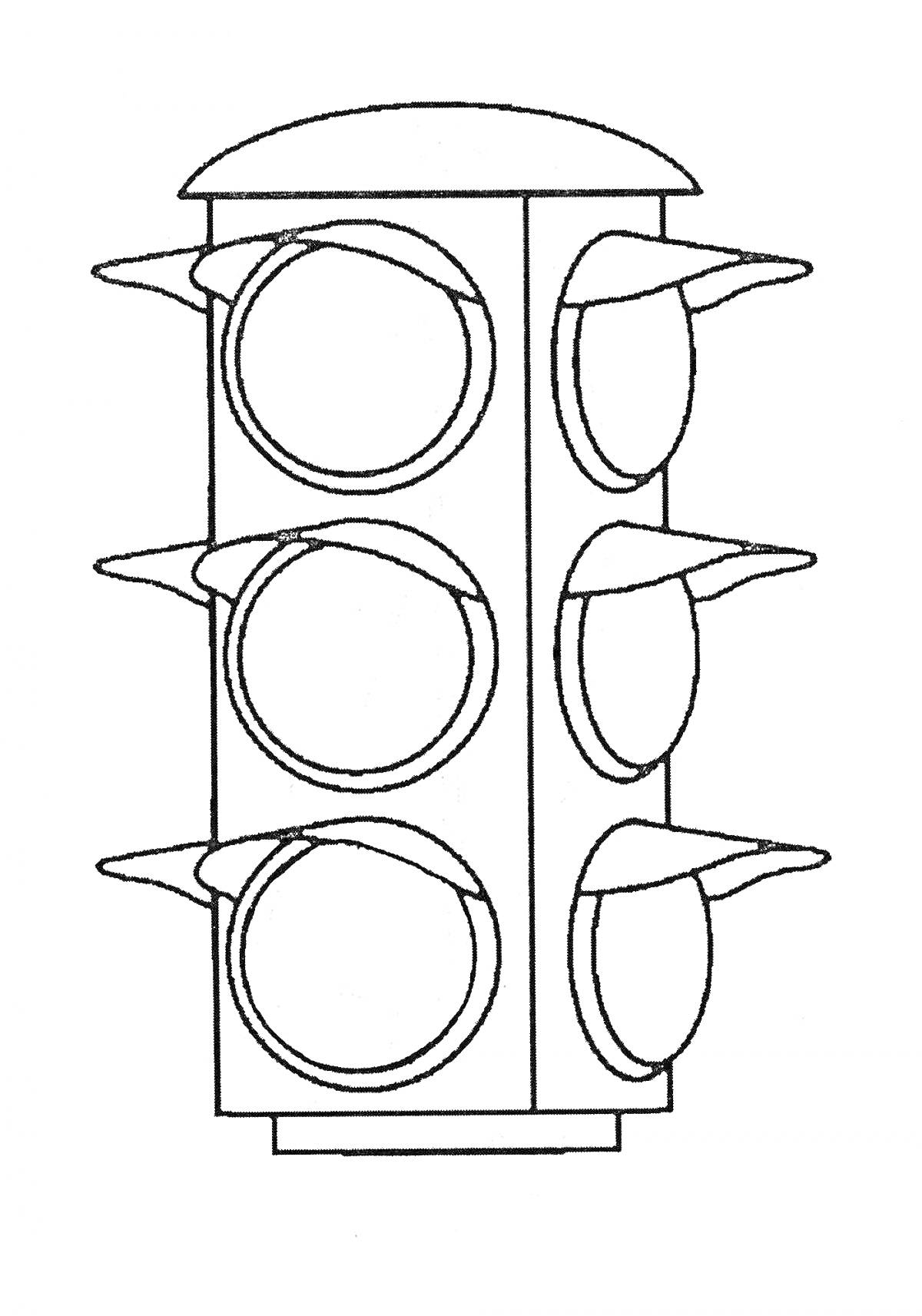 Раскраска Светофор с двумя рядами из трёх сигналов с козырьками