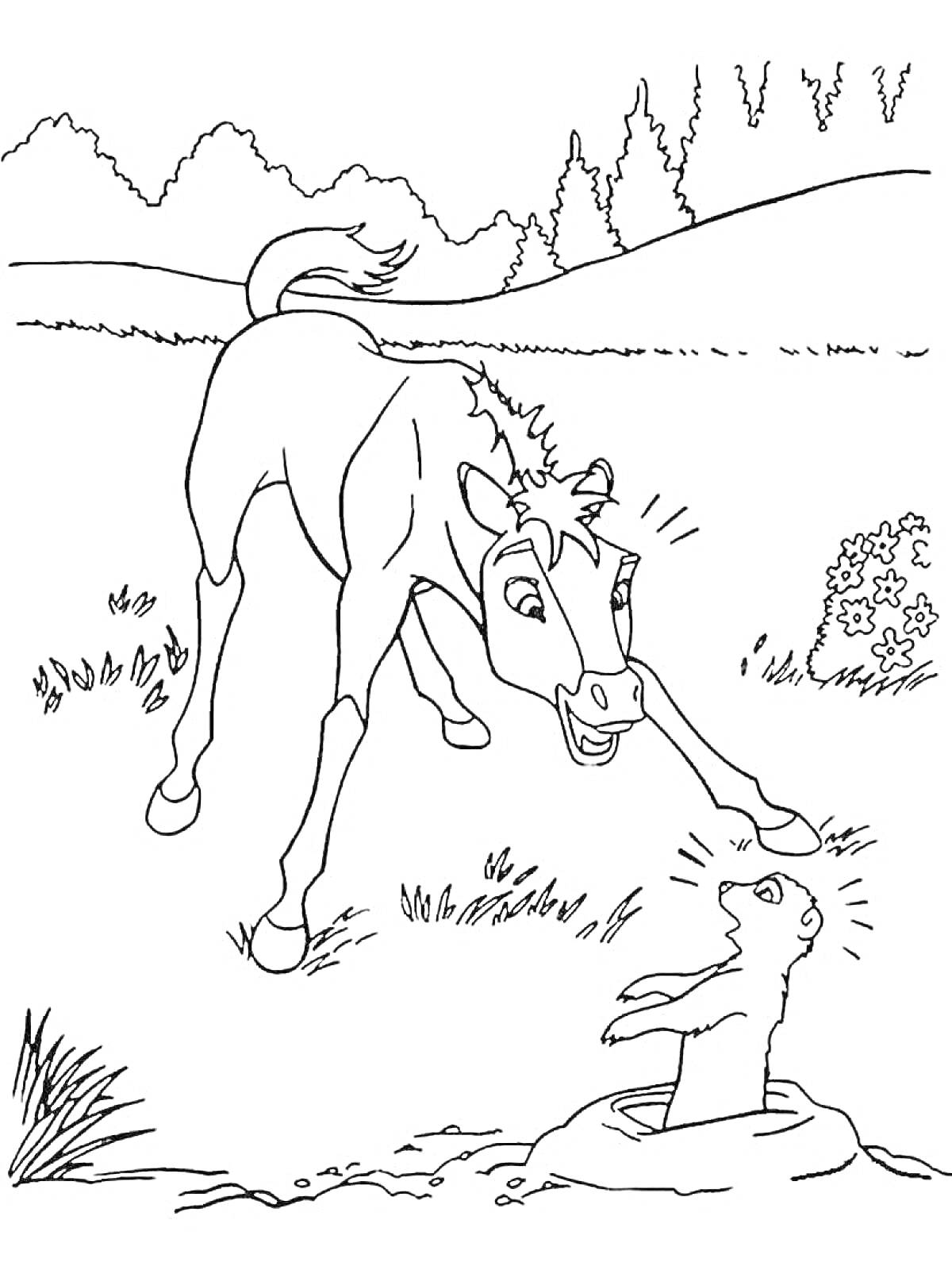 На раскраске изображено: Лошадь, Сурикат, Луг, Трава, Деревья, Природа, Спирит, Животные