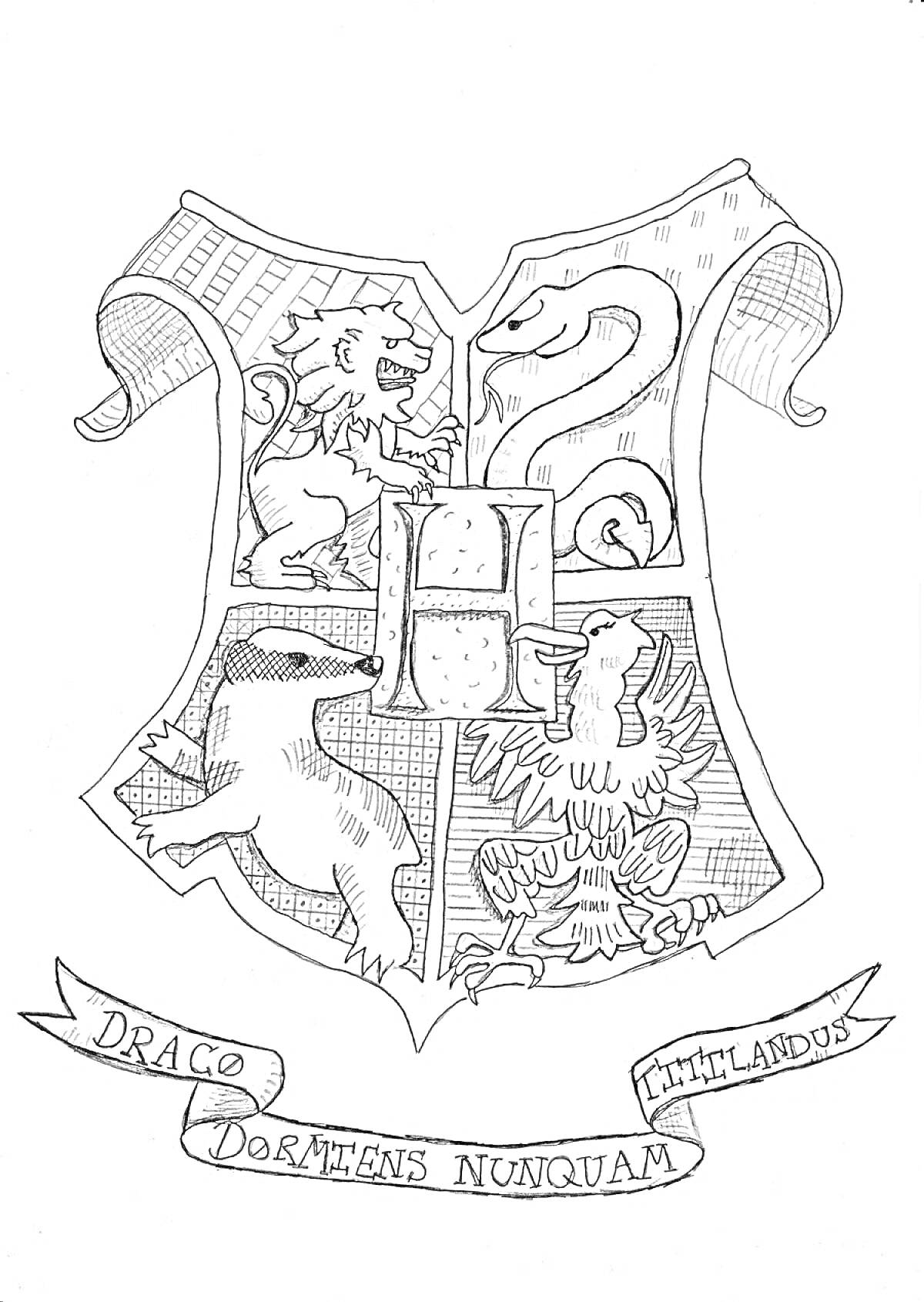 Раскраска Герб факультета Гриффиндор из Хогвартса с изображением льва, змеи, барсука и орла