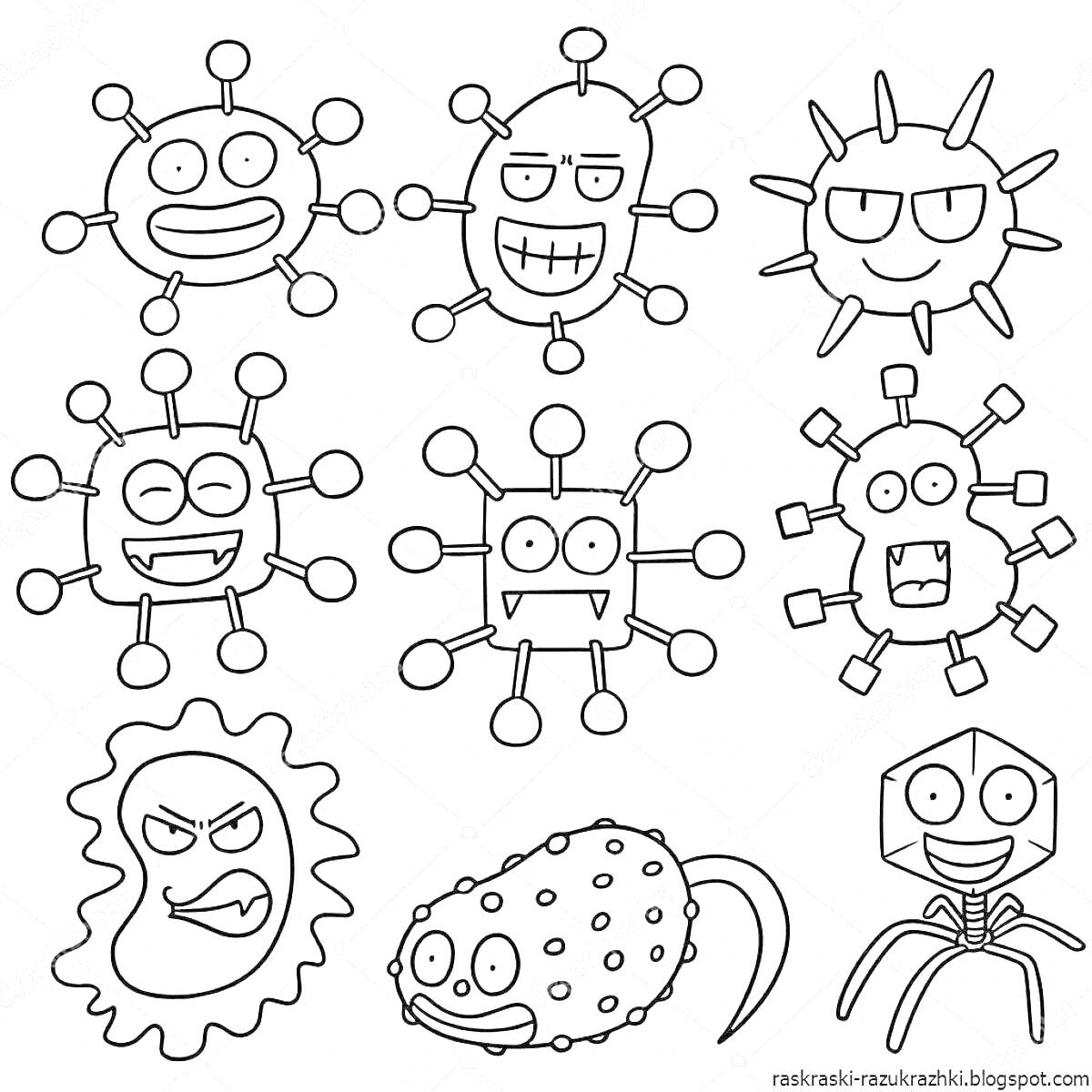 На раскраске изображено: Вирус, Смайлы, Бактерии, Для детей