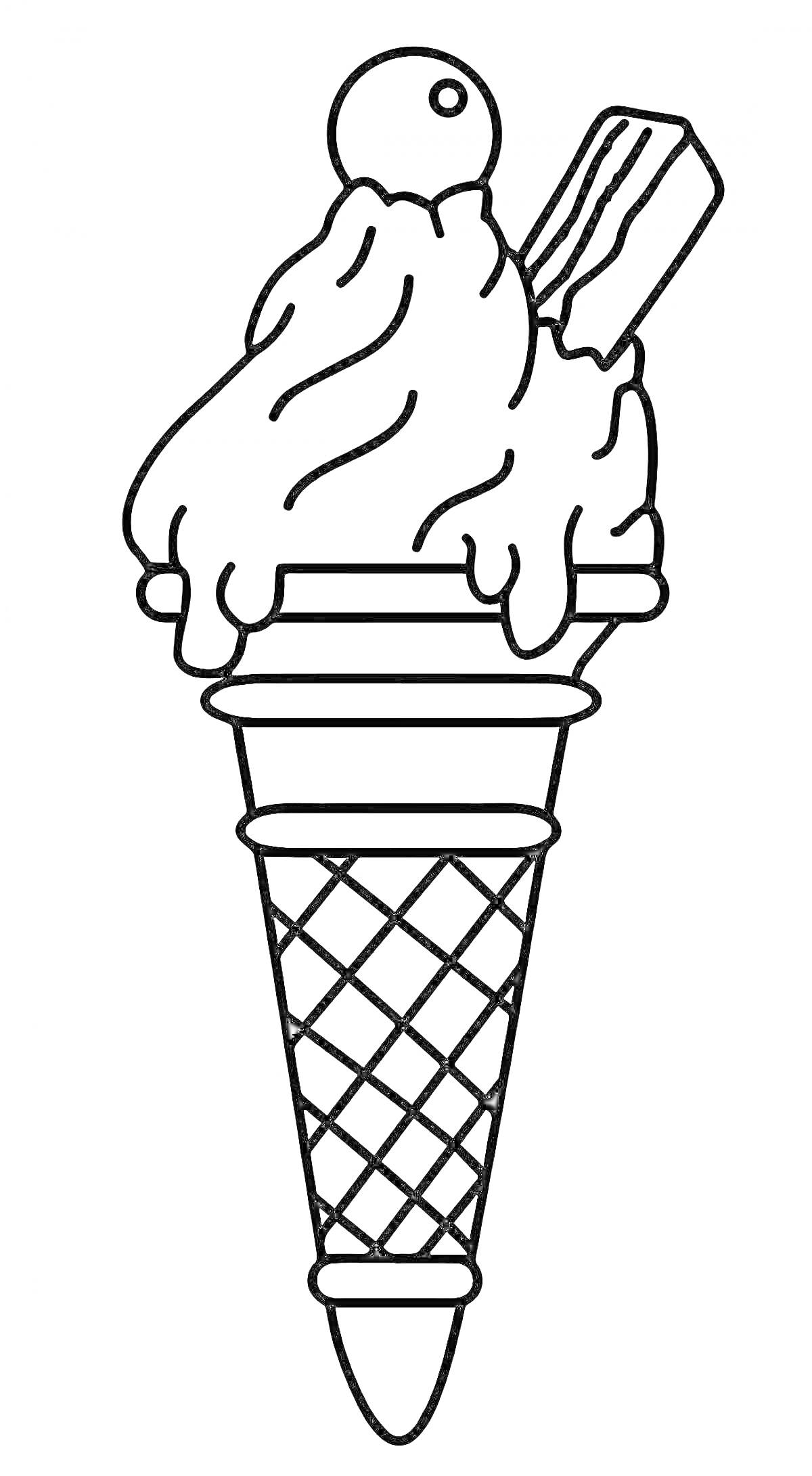 Раскраска Рожок мороженого с вафельным рожком, шариком мороженого и вафельной трубочкой