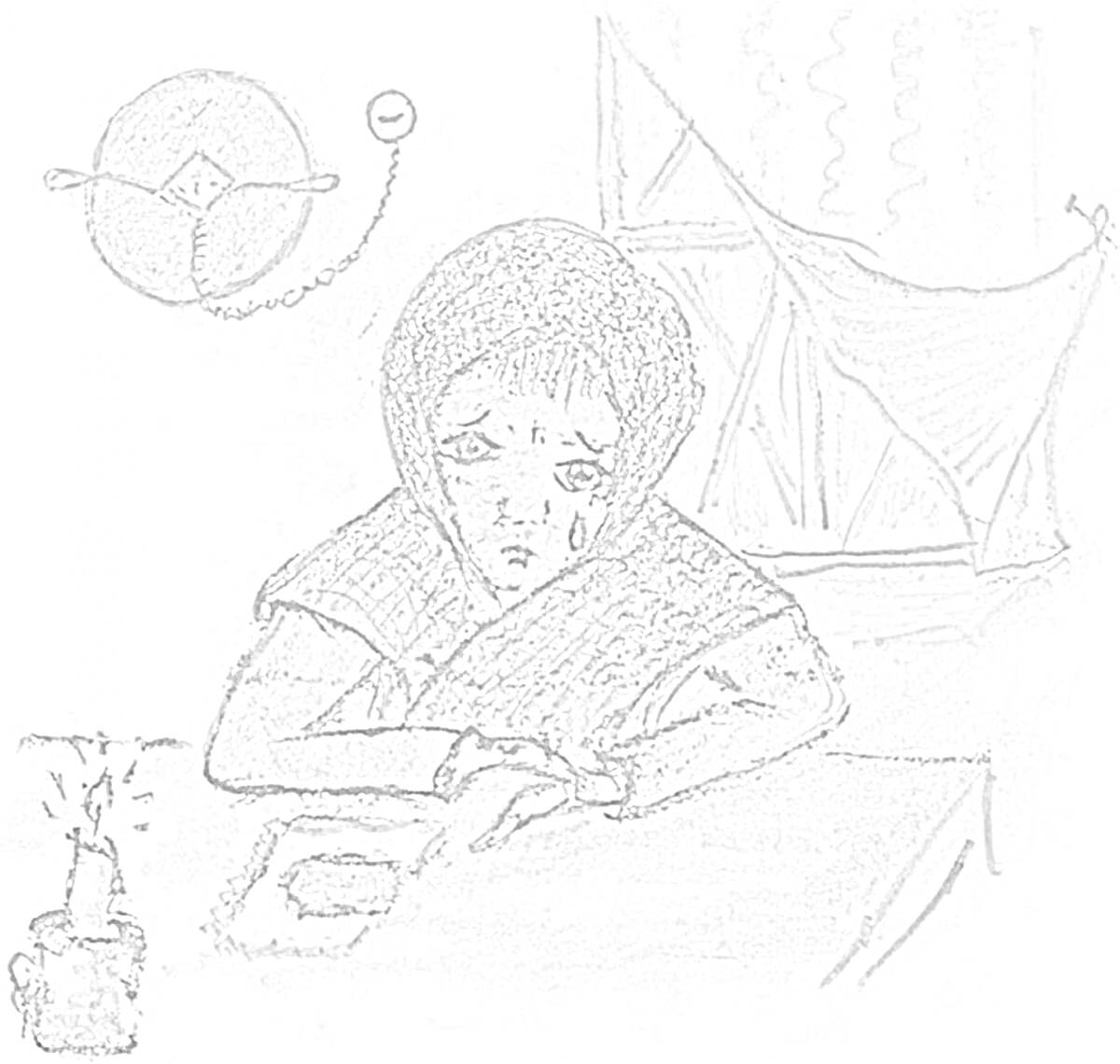 Раскраска Женщина у стола с куском блокадного хлеба и зажжённой свечой, окно с оборванной занавеской
