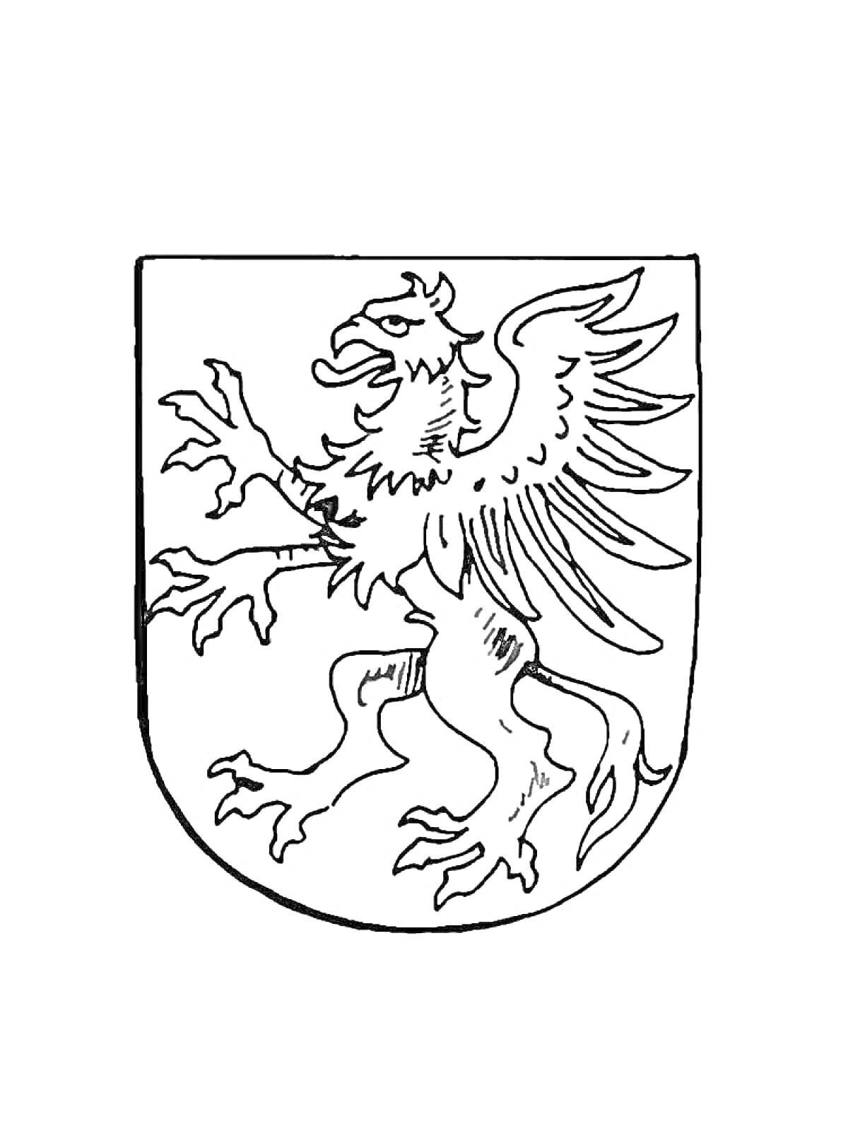 Раскраска Герб с грифоном на задних лапах с поднятыми передними лапами и раскрытыми крыльями