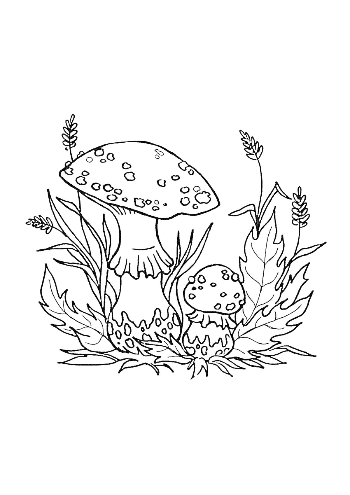 Раскраска Два мухомора в окружении растений и трав