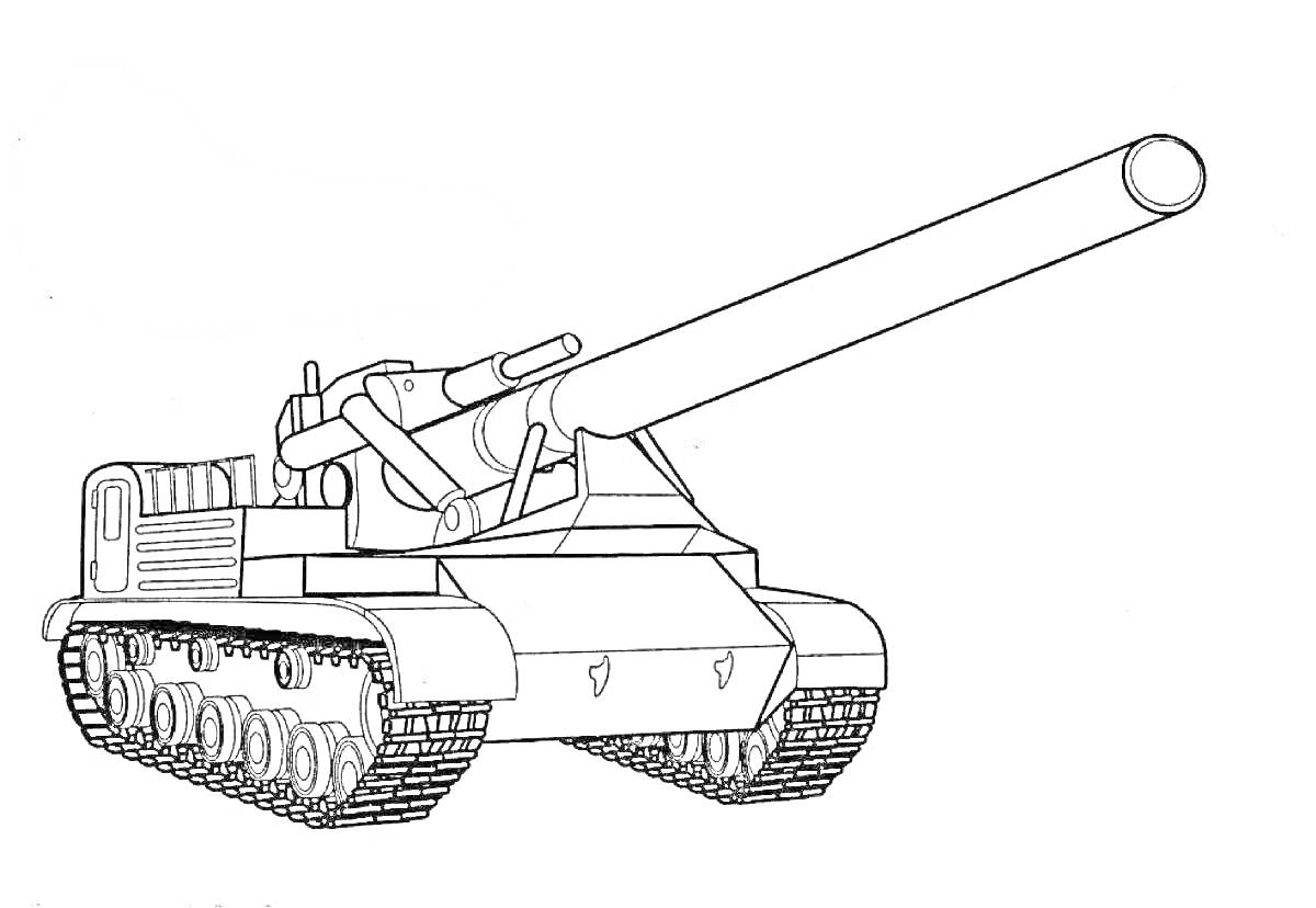 На раскраске изображено: Танк, Орудие, Гусеницы, Военная техника