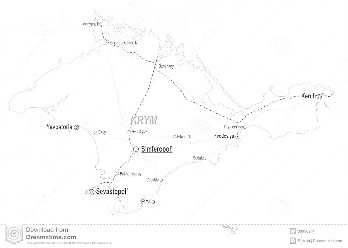 Раскраска Карта Крымского полуострова с изображением городов Евпатория, Севастополь, Симферополь, Ялта, Феодосия, Керчь, Джанкой, Армянск, а также дорог, рельефа и названий