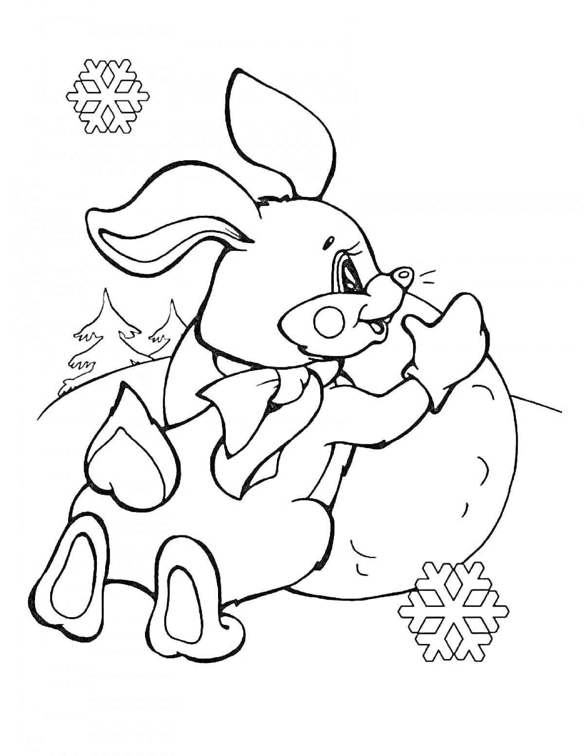 Раскраска Заяц в шарфике держит большой снежок, на фоне несколько елочек и снежинки