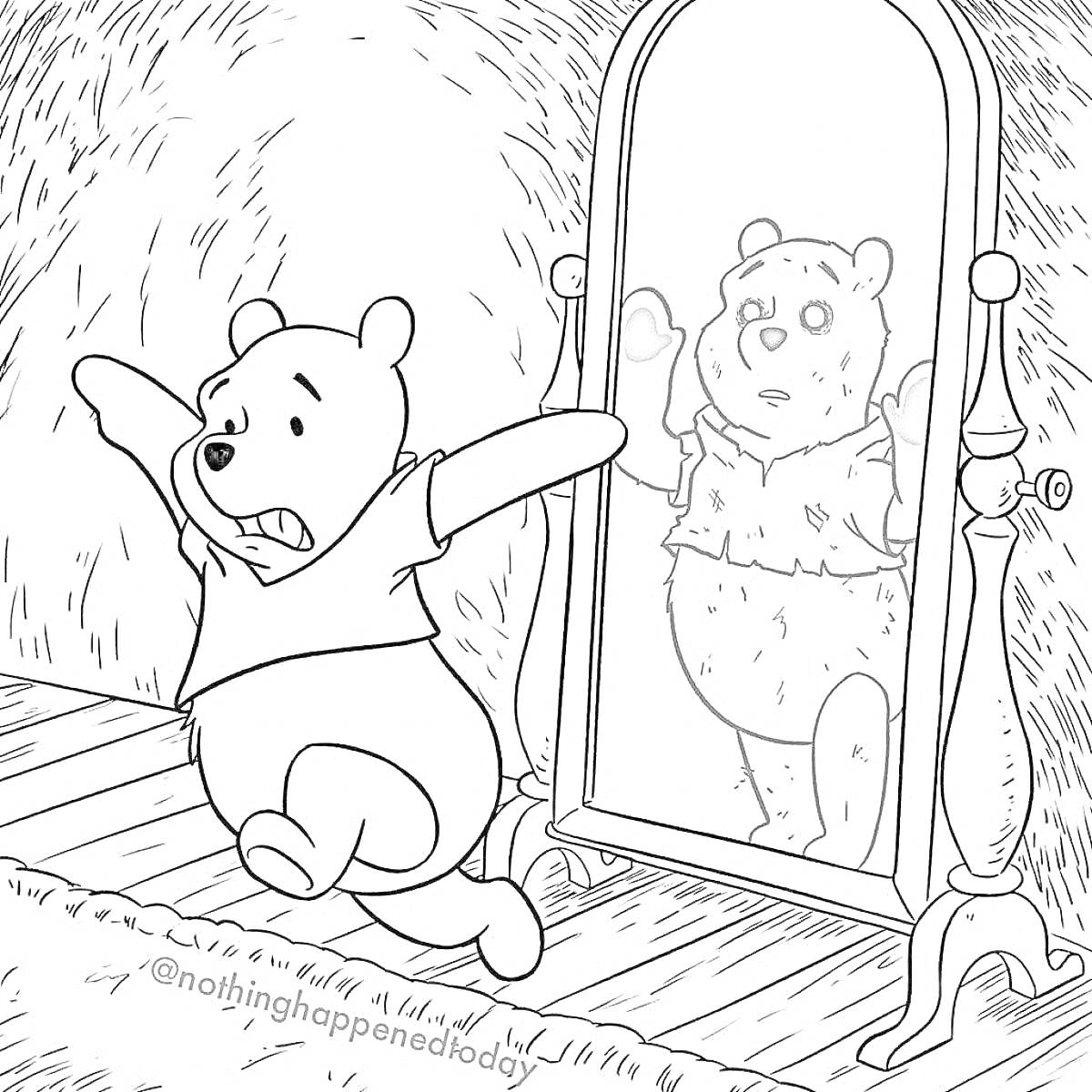 На раскраске изображено: Медведь, Зеркало, Бег, Страх, Дом, Отражение