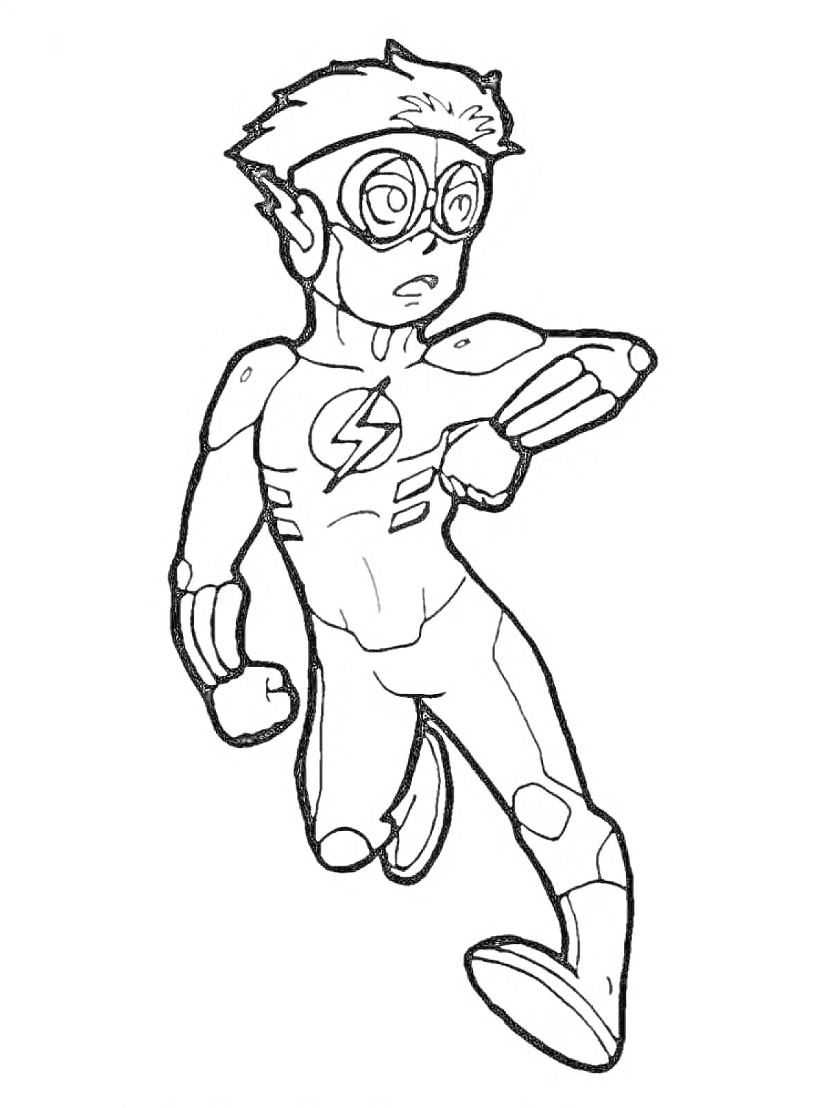 Раскраска супергерой в очках, костюме с логотипом молнии, бегущий персонаж