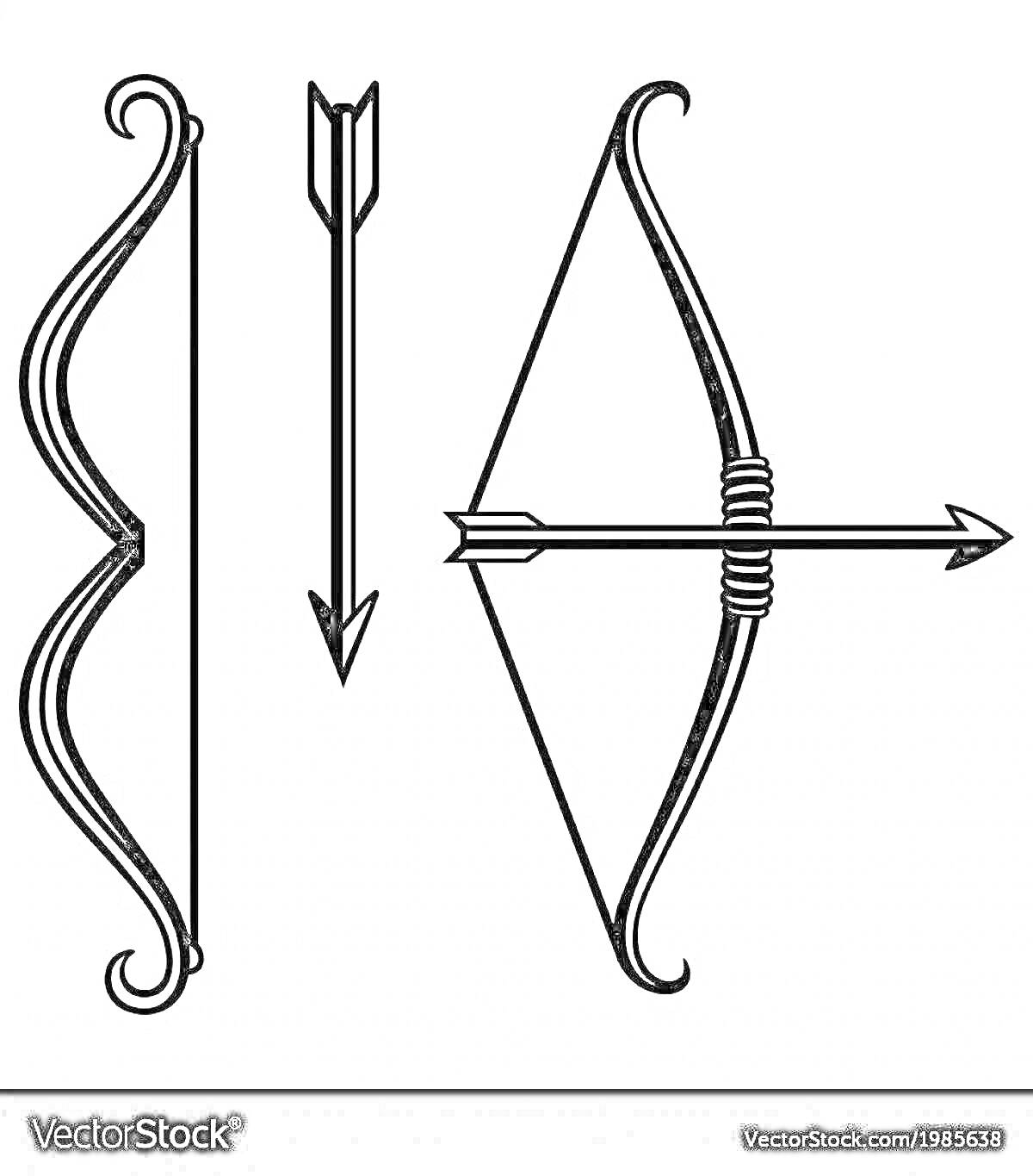 Раскраска Лук с двумя стрелами, стоящий лук и стрела, натянутый на лук и стрела
