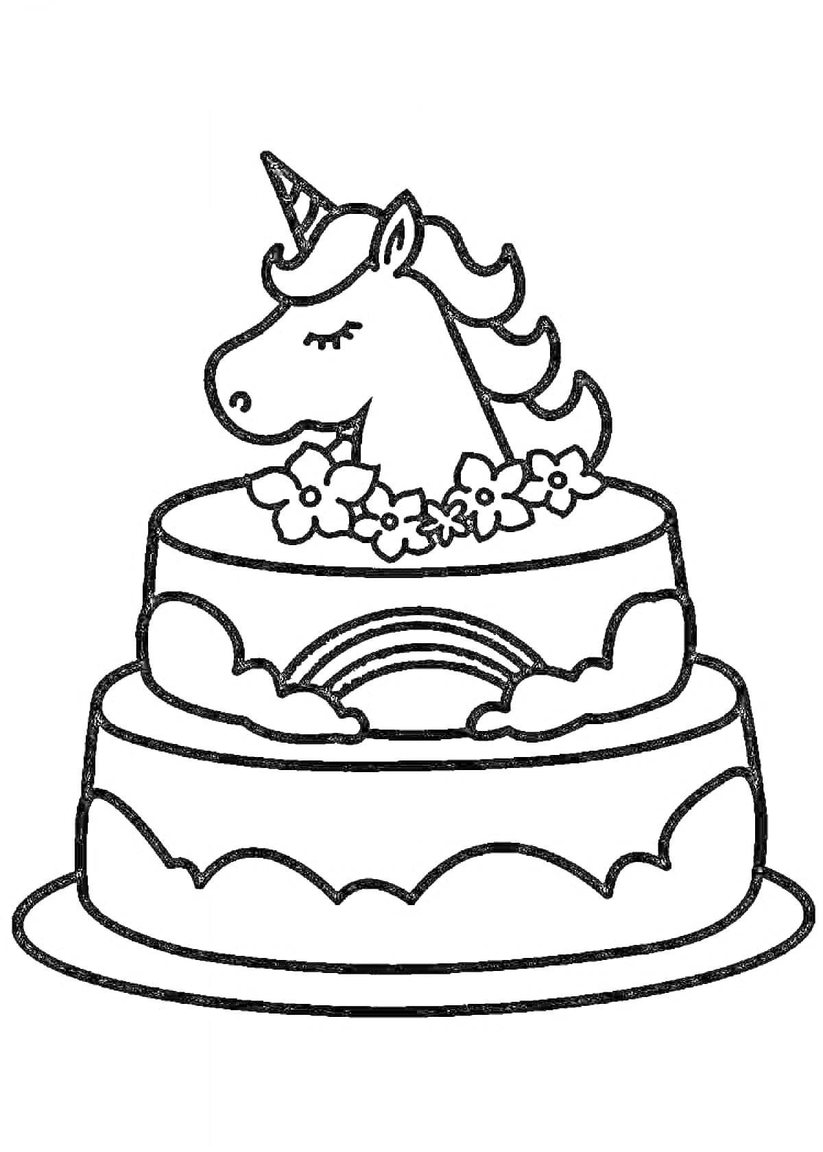 На раскраске изображено: Торт, Цветы, День рождения, Праздничный торт, Для детей, Единороги, Радуги