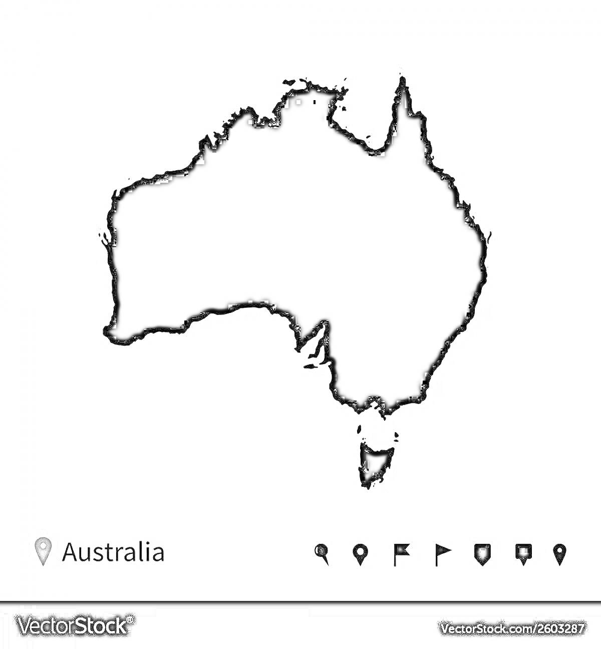 Раскраска Силуэт материка Австралия с местоположением и иконками