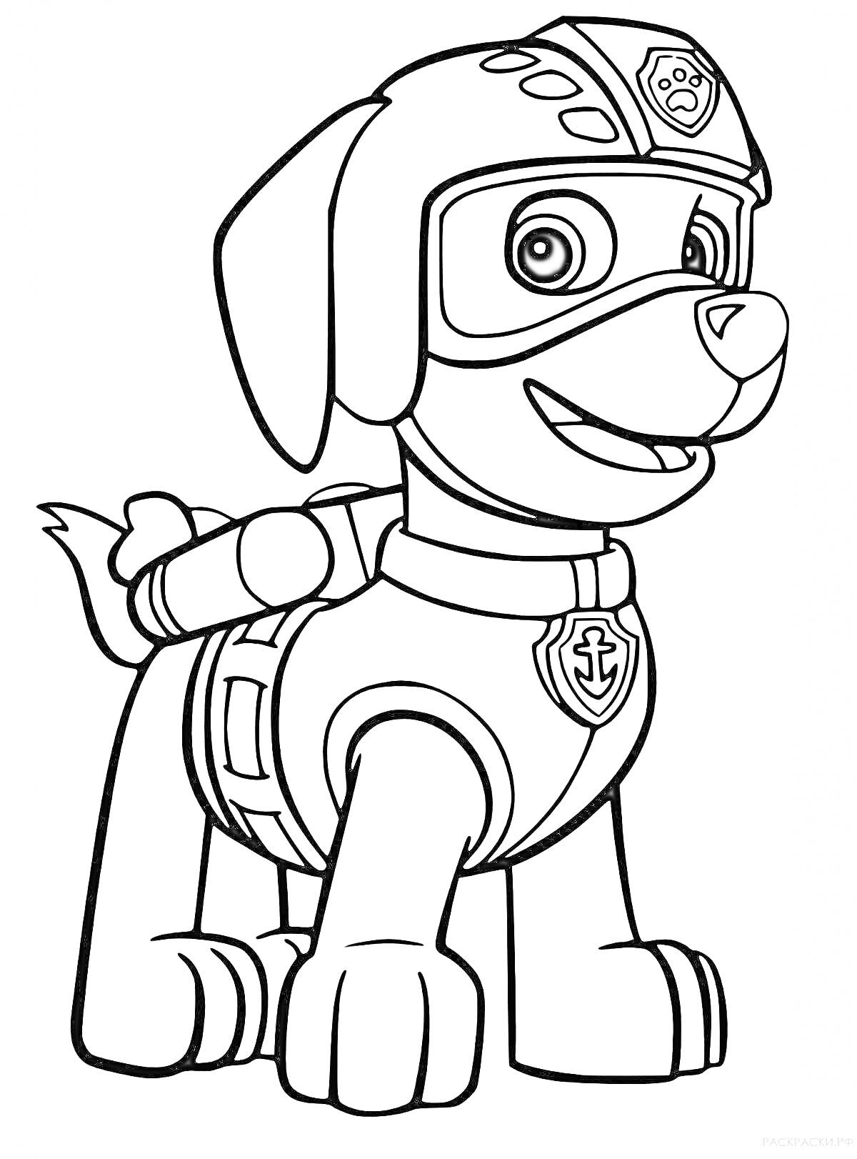 Раскраска Щенок в костюме спасателя с очками и рюкзаком из мультфильма 
