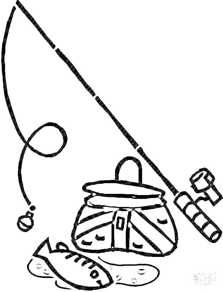 Раскраска Удочка с катушкой, ведро и пойманная рыба