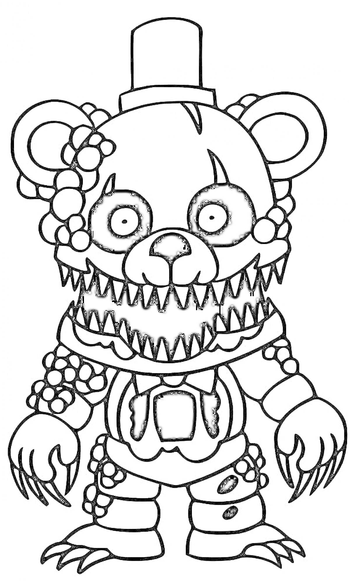 Раскраска Черно-белый рисунок Глэм Рок Бонни (ФНАФ 9) в виде аниматроника с острыми зубами, шляпой, когтями и украшениями на теле