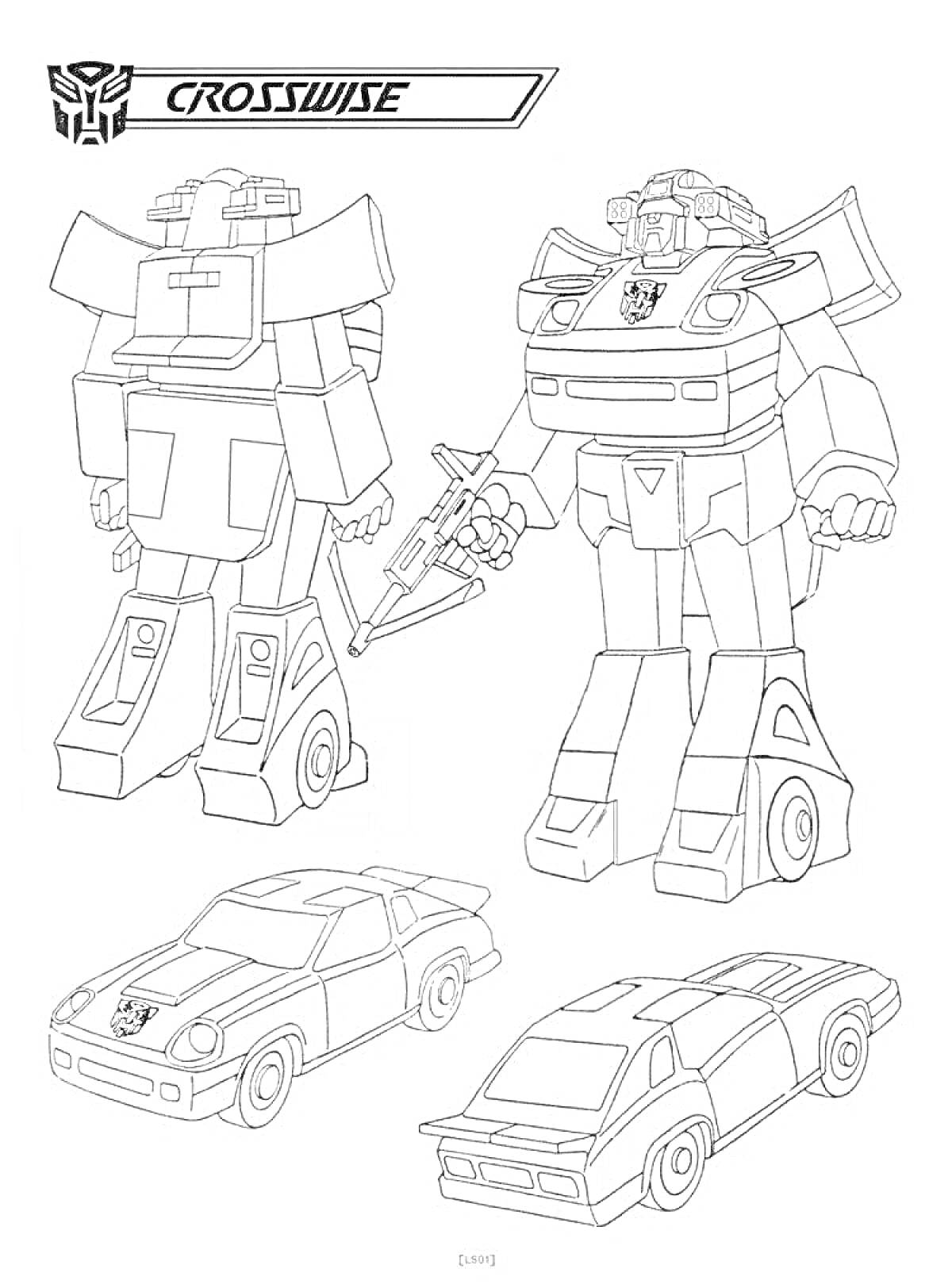 Раскраска Робот и машина трансформера Crosswise в разных видах