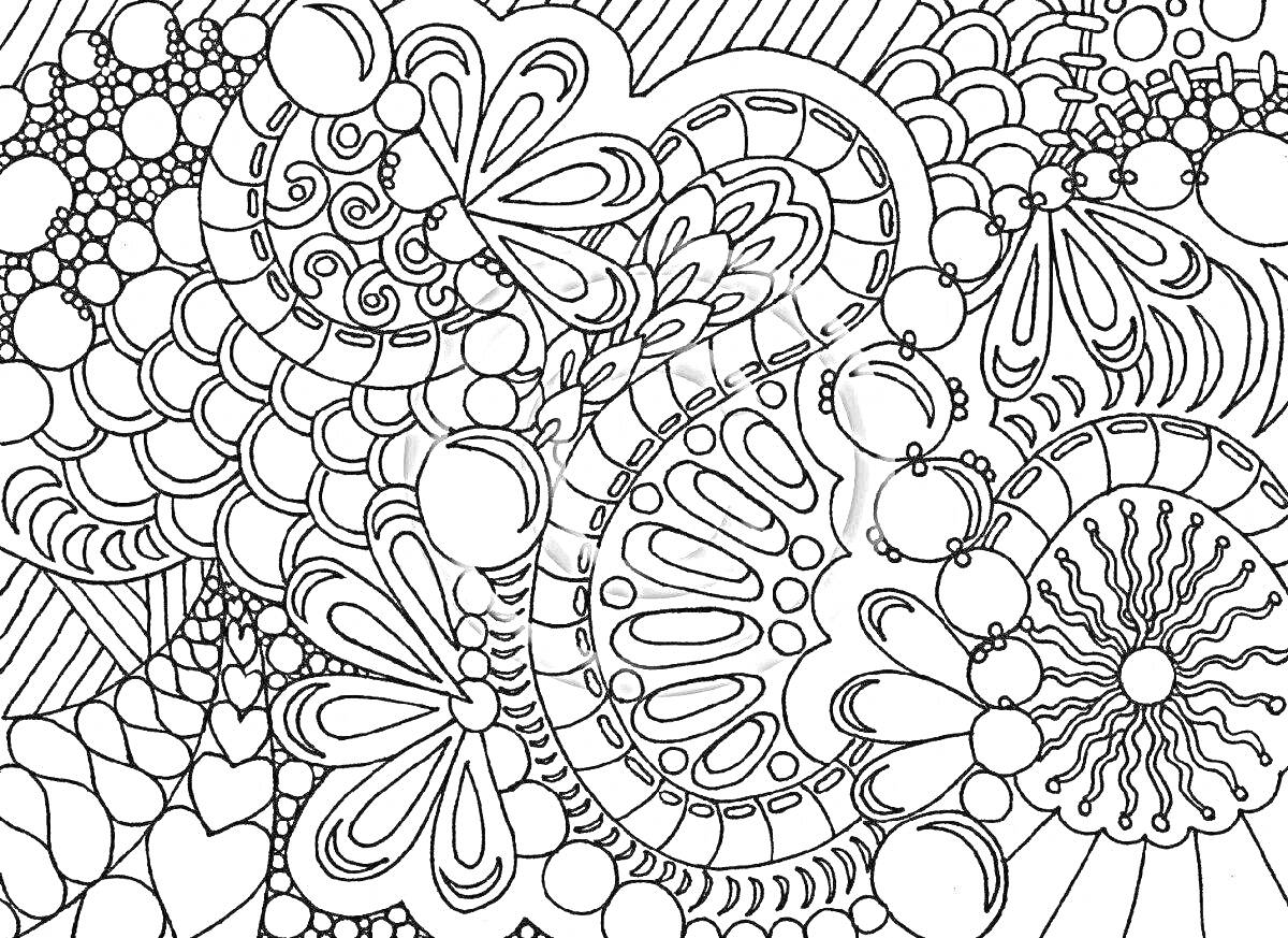 Раскраска Узоры с цветами, кругами, волнистыми линиями, витыми элементами и орнаментами