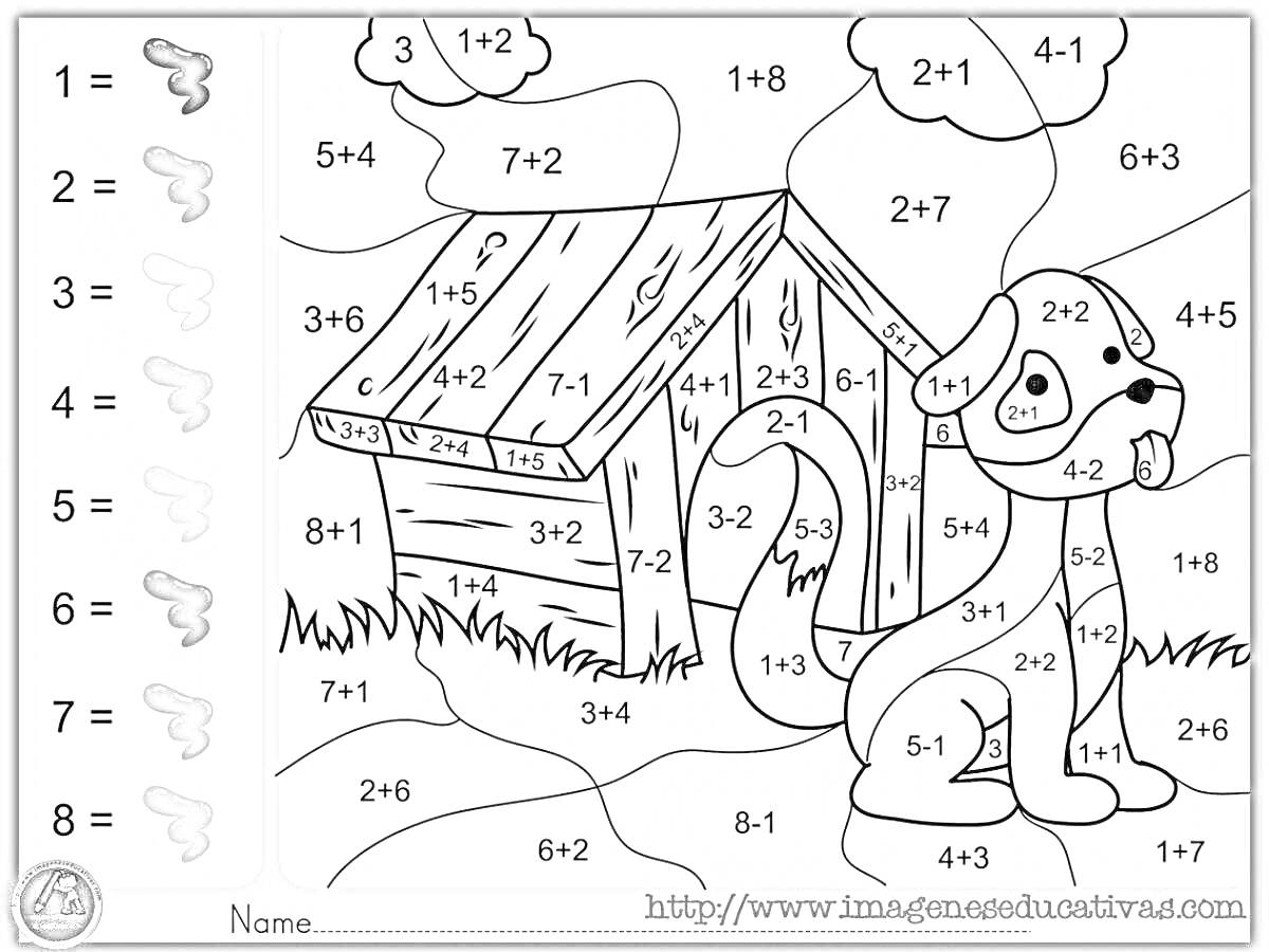 Раскраска Собака и будка с задачами на сложение и вычитание