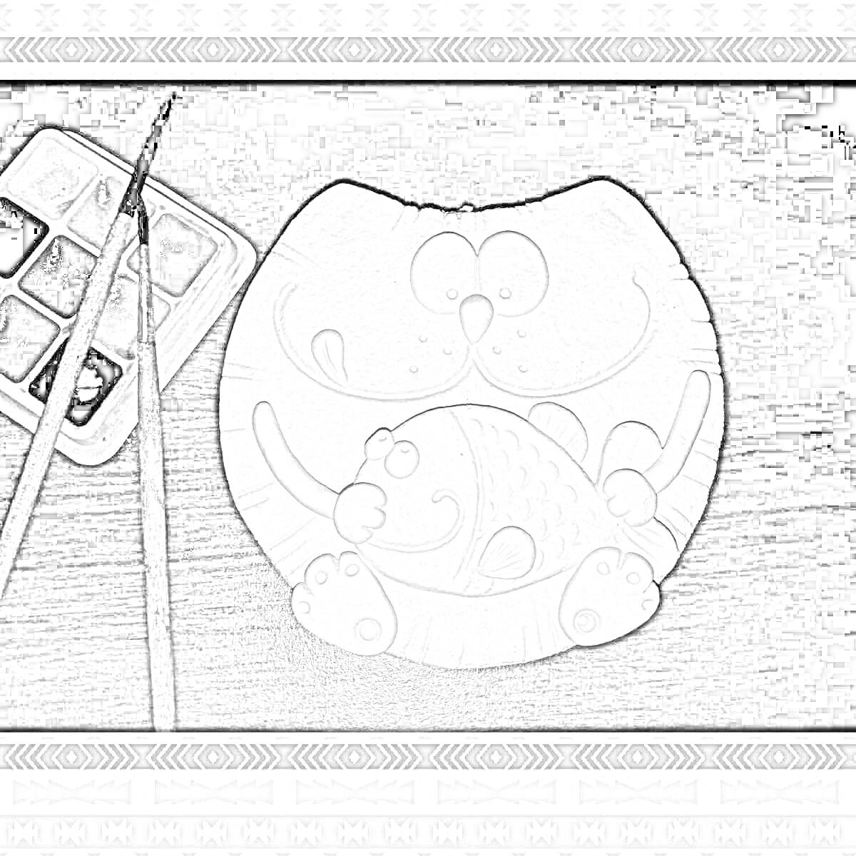 На раскраске изображено: Гипсовая фигурка, Рыба, Краски, Кисти, Творчество