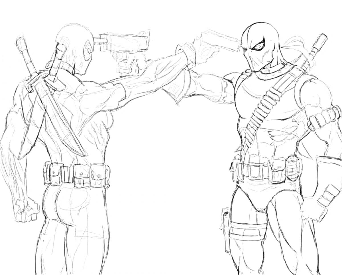 Раскраска Дэдпул и другой вооружённый человек в маске направляют оружие друг на друга, оба с мечами и патронами.