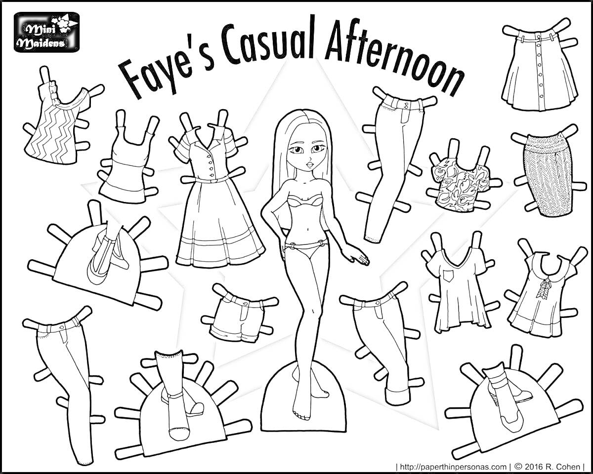 Раскраска Faye's Casual Afternoon: кукла с вырезанными одеждами, включая топы, платья, юбку, брюки, шорты и туфли