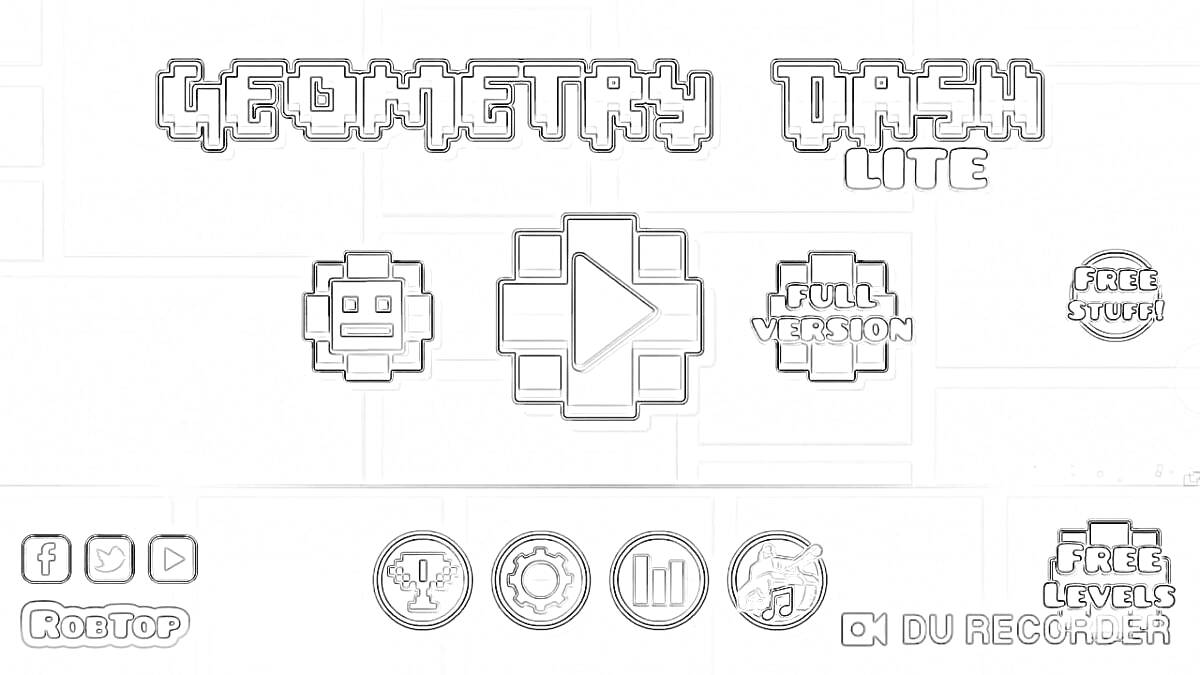 Geometry Dash Lite - логотип игры, кубик персонажа, кнопка воспроизведения, кнопка полной версии, кнопка бесплатных уровней, кнопка социальных сетей, кнопка Robtop, трофей, шестеренка, блокнот, галактика.