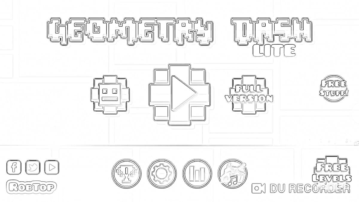 На раскраске изображено: Geometry Dash, Игра, Кнопка воспроизведения, Социальные сети, Трофей, Блокнот, Галактика, Кубики, Логотипы, Шестеренки