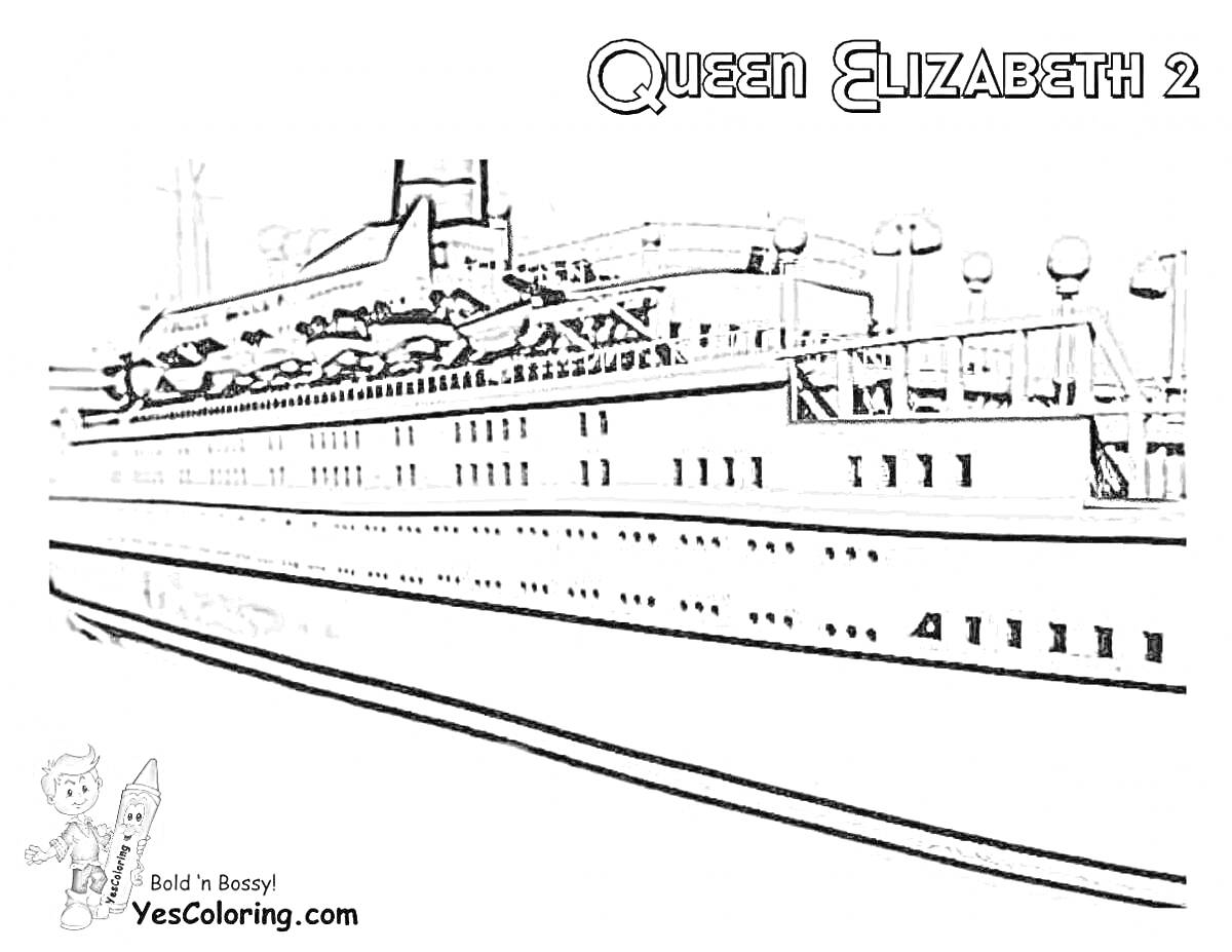 На раскраске изображено: Лайнер, Корабль, Море, Транспорт, Палубы, Иллюминаторы