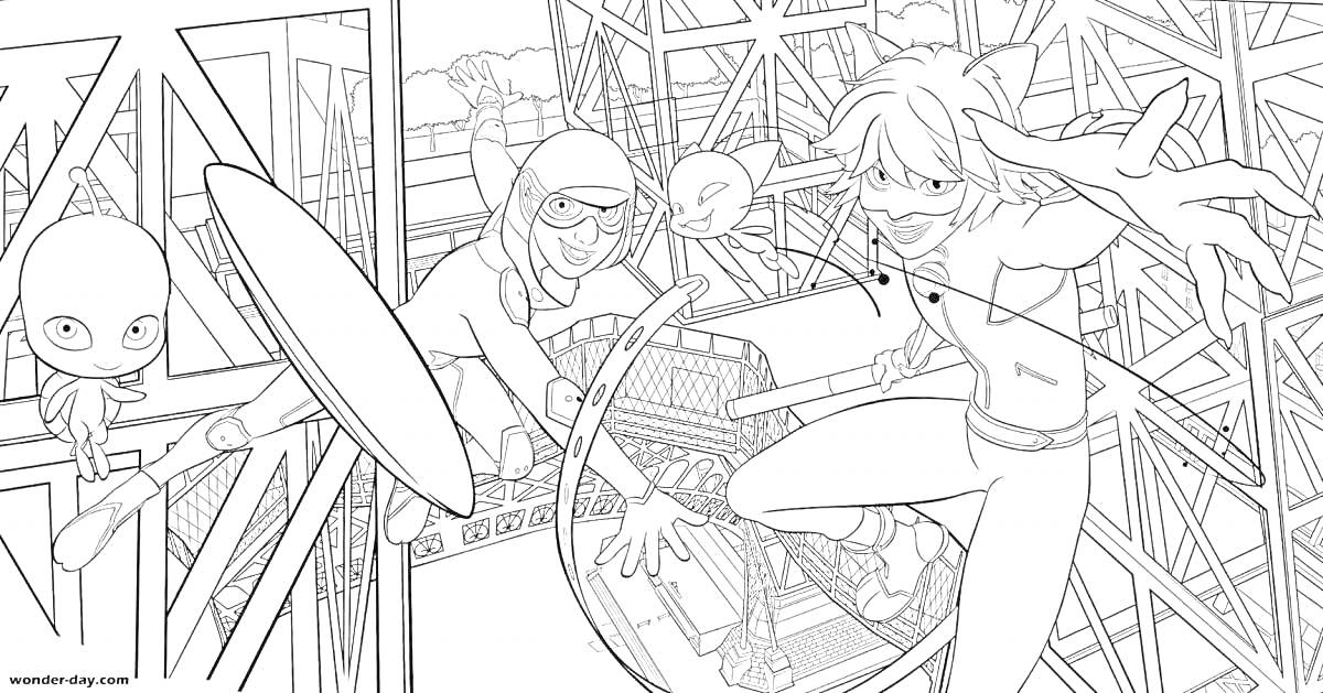 Раскраска супергерои леди баг с двумя персонажами на фоне строительных лесов и города