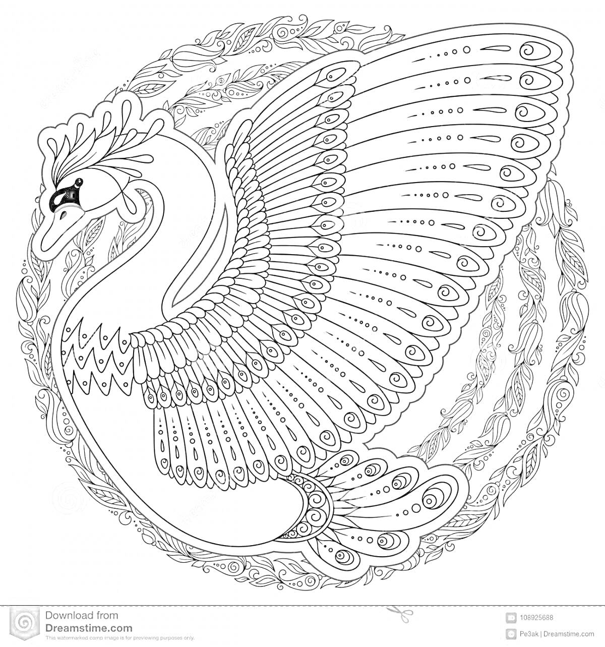 Раскраска Лебедь с узорными крыльями на фоне кружевного орнамента