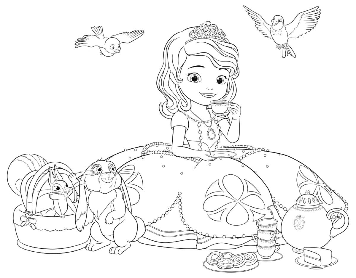 Раскраска Принцесса с кроликами и птицами на чаепитии