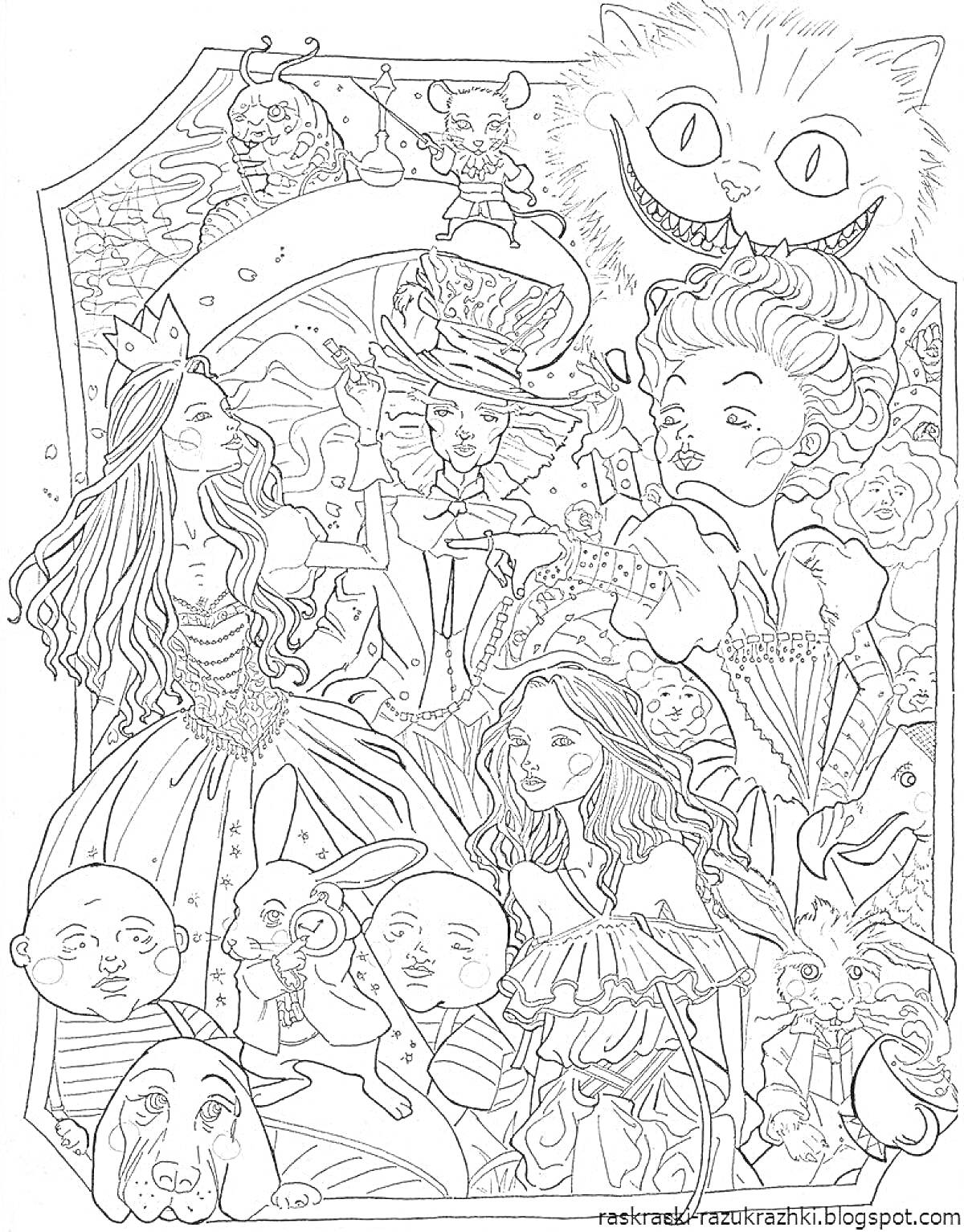 На раскраске изображено: Алиса, Страна чудес, Чеширский кот, Собака, Фантазия, Безумный Шляпник, Кролик