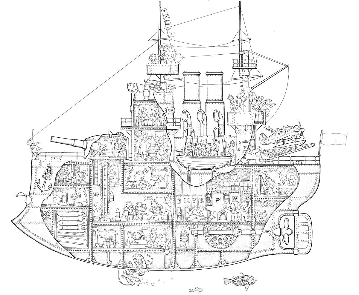 Раскраска линкор с различными внутренними процессами (комнаты с персонажами, дымоходы, орудия, капитанский мостик, деревья, рыба, якорь, флаг)