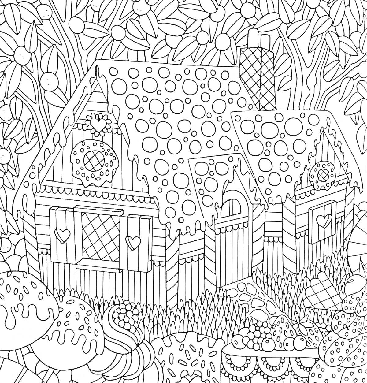 Раскраска сказочный пряничный домик в лесу, окруженный растениями и крупными грибами