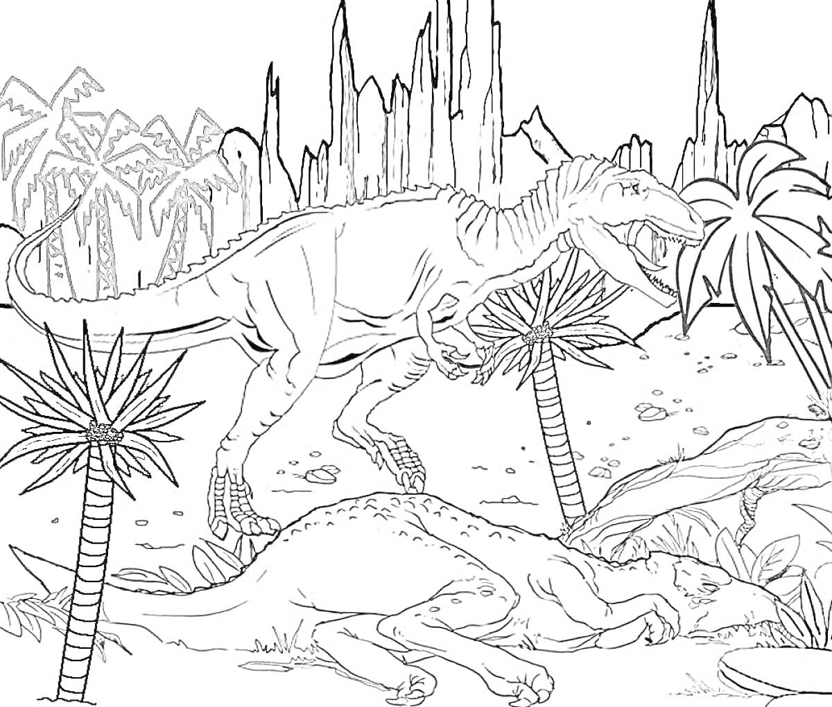 Раскраска Два динозавра в юрском парке (один динозавр стоит, второй лежит), пальмы, горы, кусты