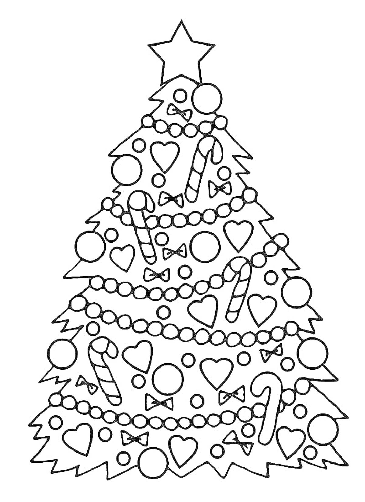 Раскраска новогодняя елка с украшениями: звезда, шары, конфеты, гирлянда, бантики, сердечки