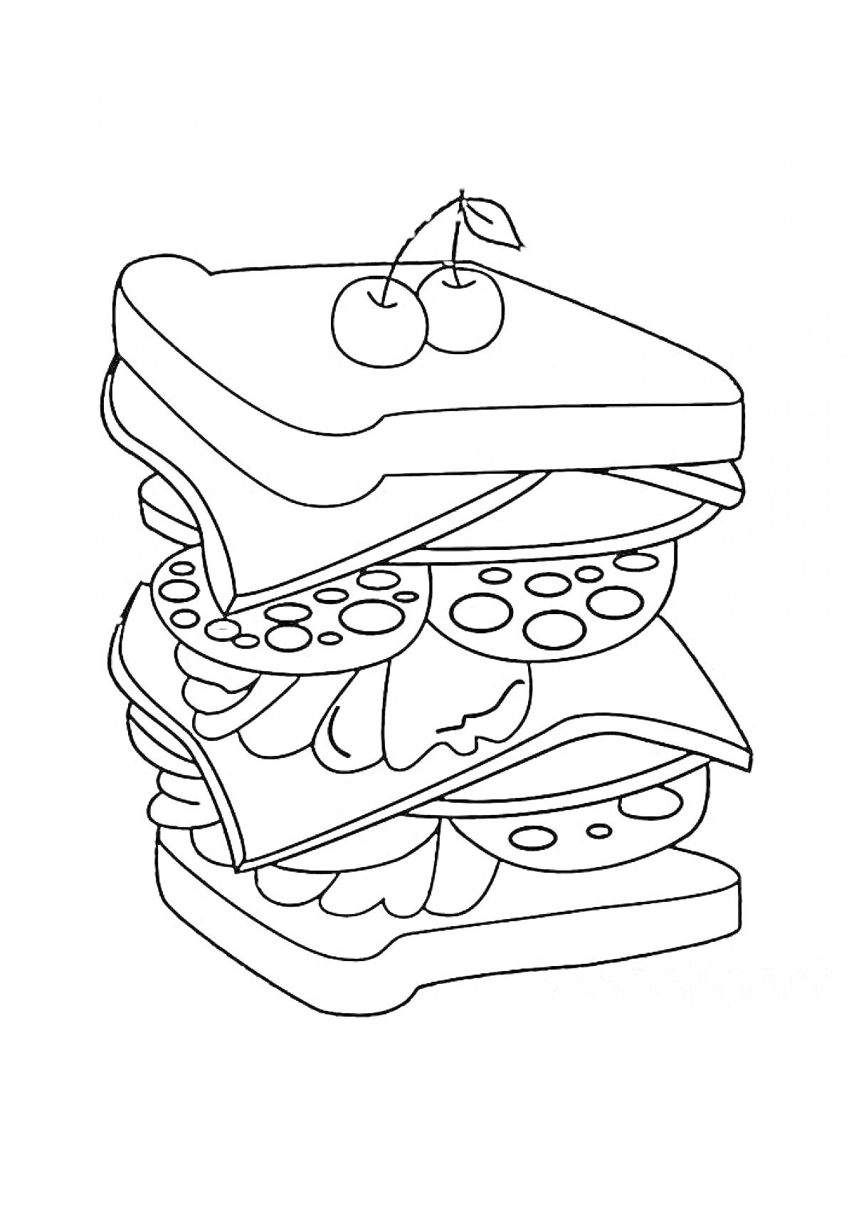 На раскраске изображено: Еда, Вишня, Салат, Мясо, Помидор, Бутерброд, Контурные рисунки