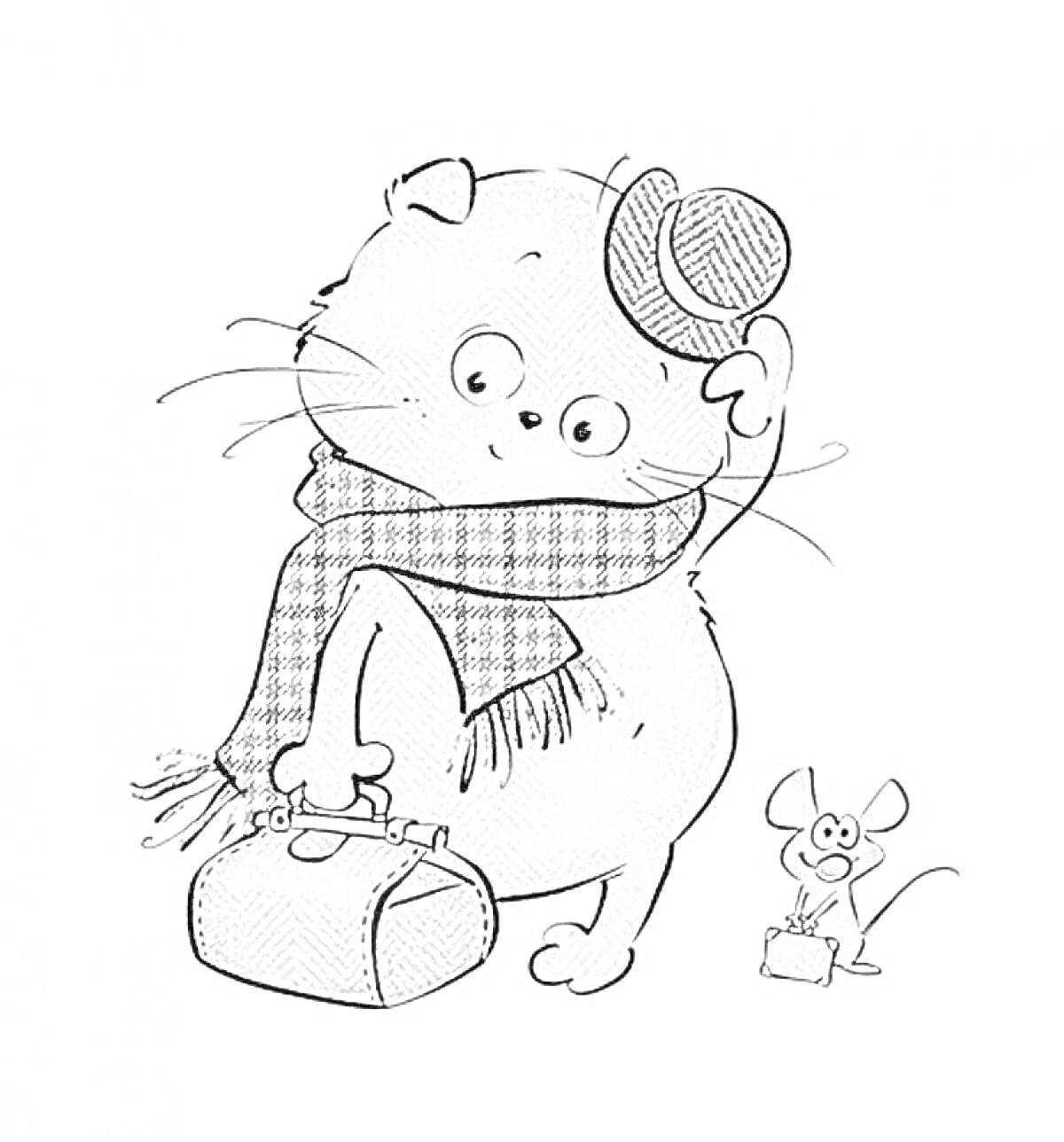 Раскраска Котик Басик с чемоданом, в шапке и шарфе, и мышонок с сумочкой