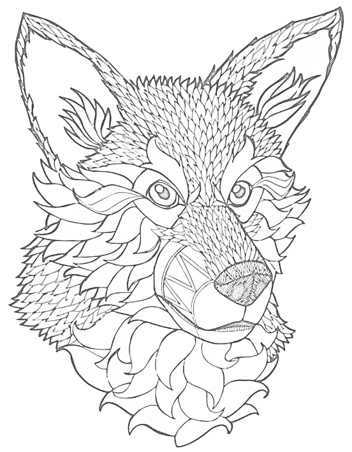 Раскраска Волк с детализированным узором на шкуре и морде