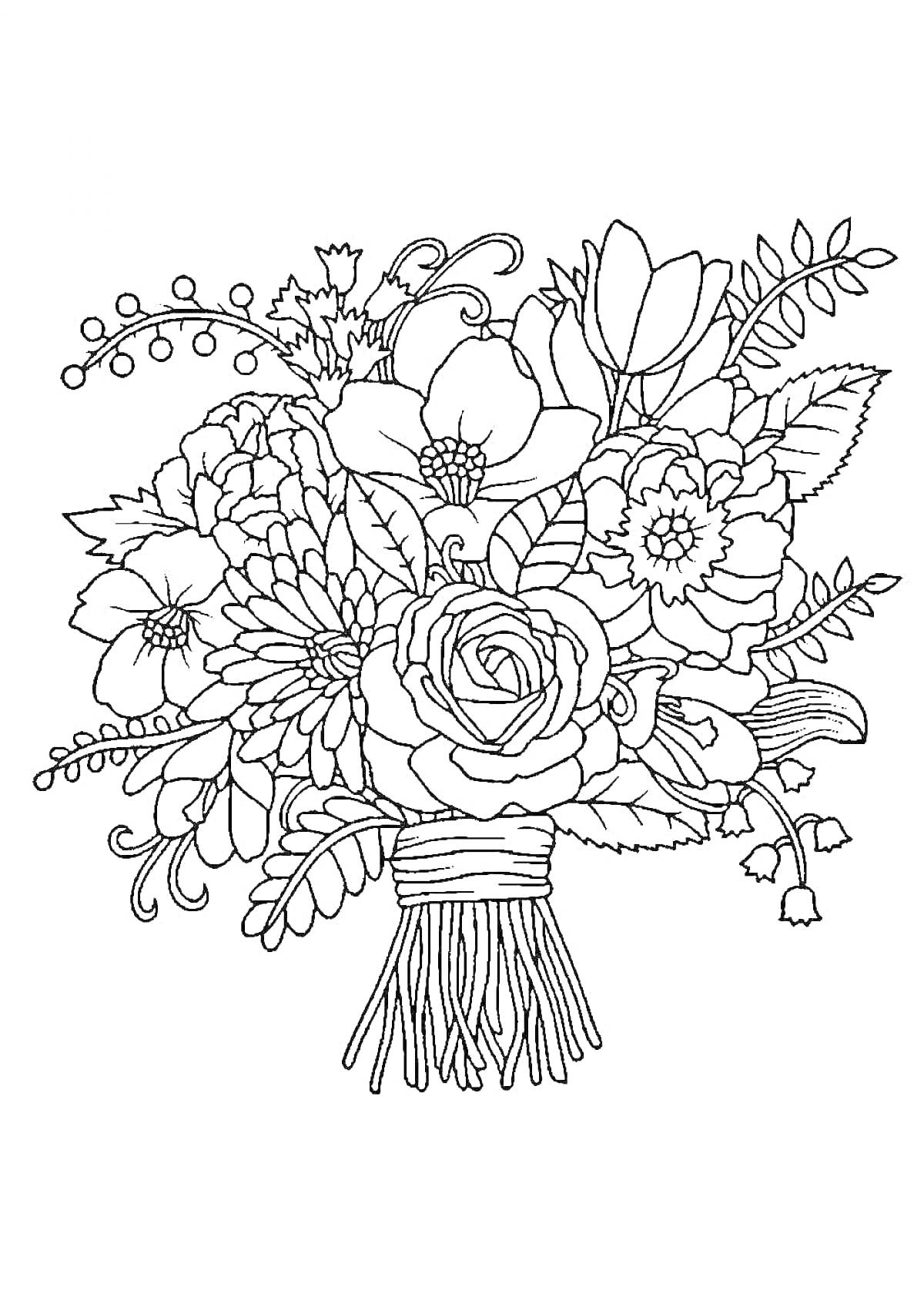 Раскраска Букет с цветами, листьями и завязанными стеблями