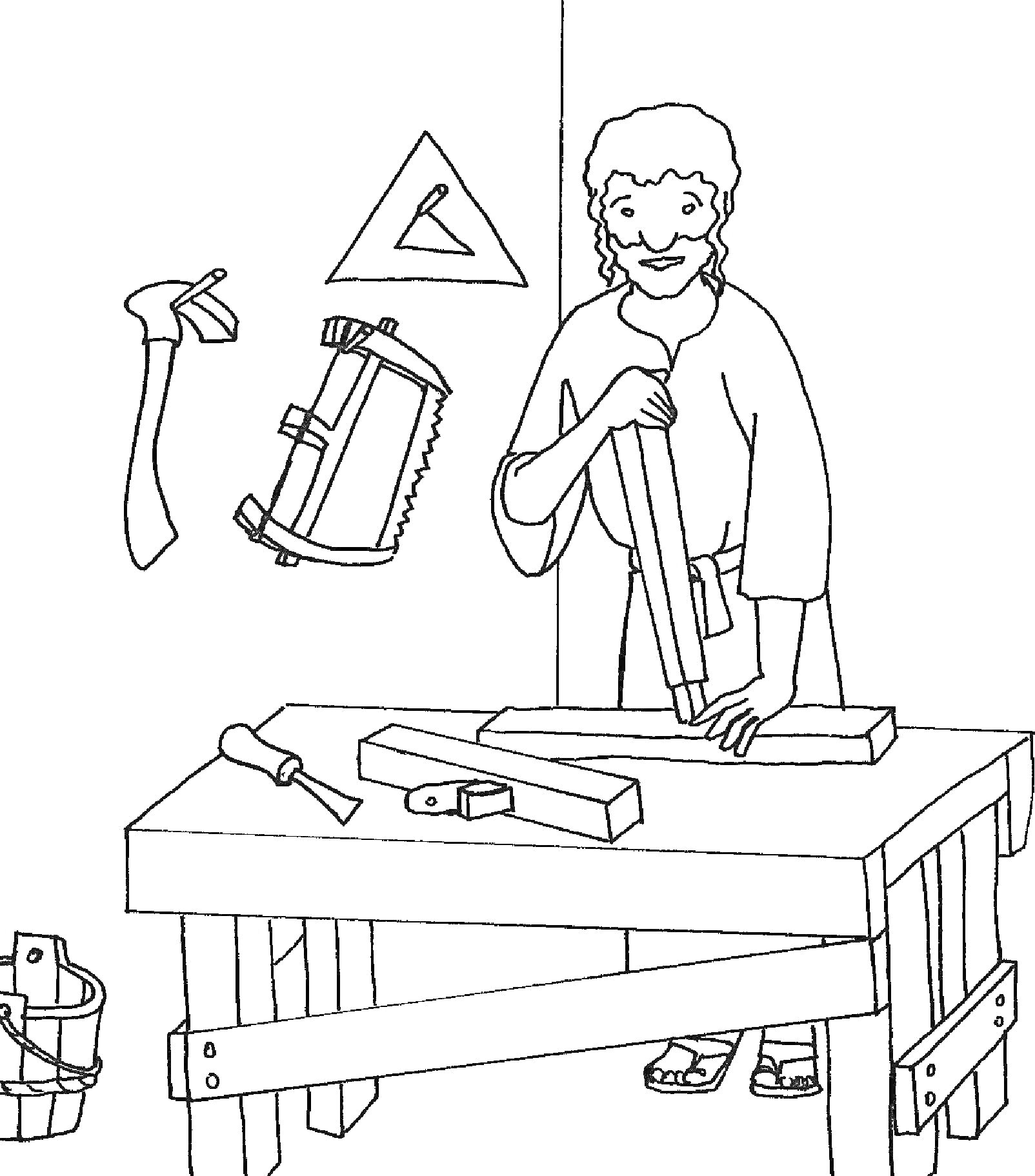 Раскраска Плотник за работой: человек с инструментами (молоток, пила, рубанок) на столе и на стене