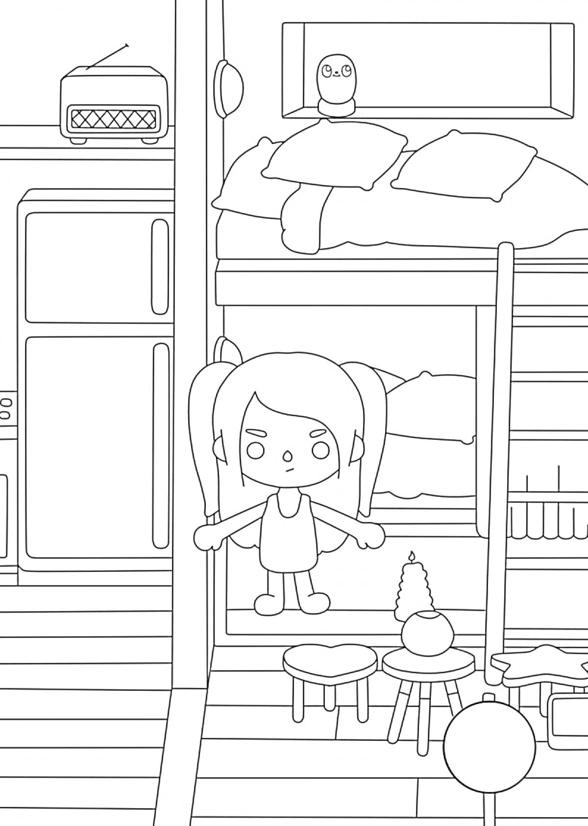 Девочка с двумя хвостиками в комнате с двухъярусной кроватью, стулья и настольная лампа