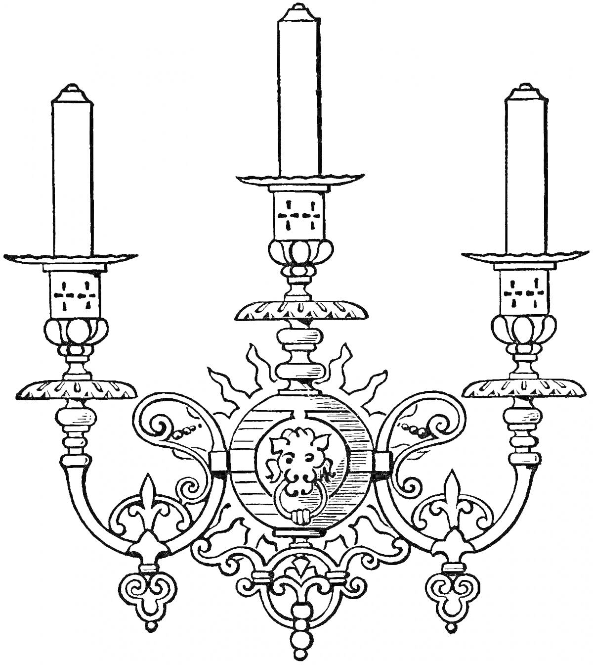 Трехрожковый подсвечник с львиной головой и декоративным узором
