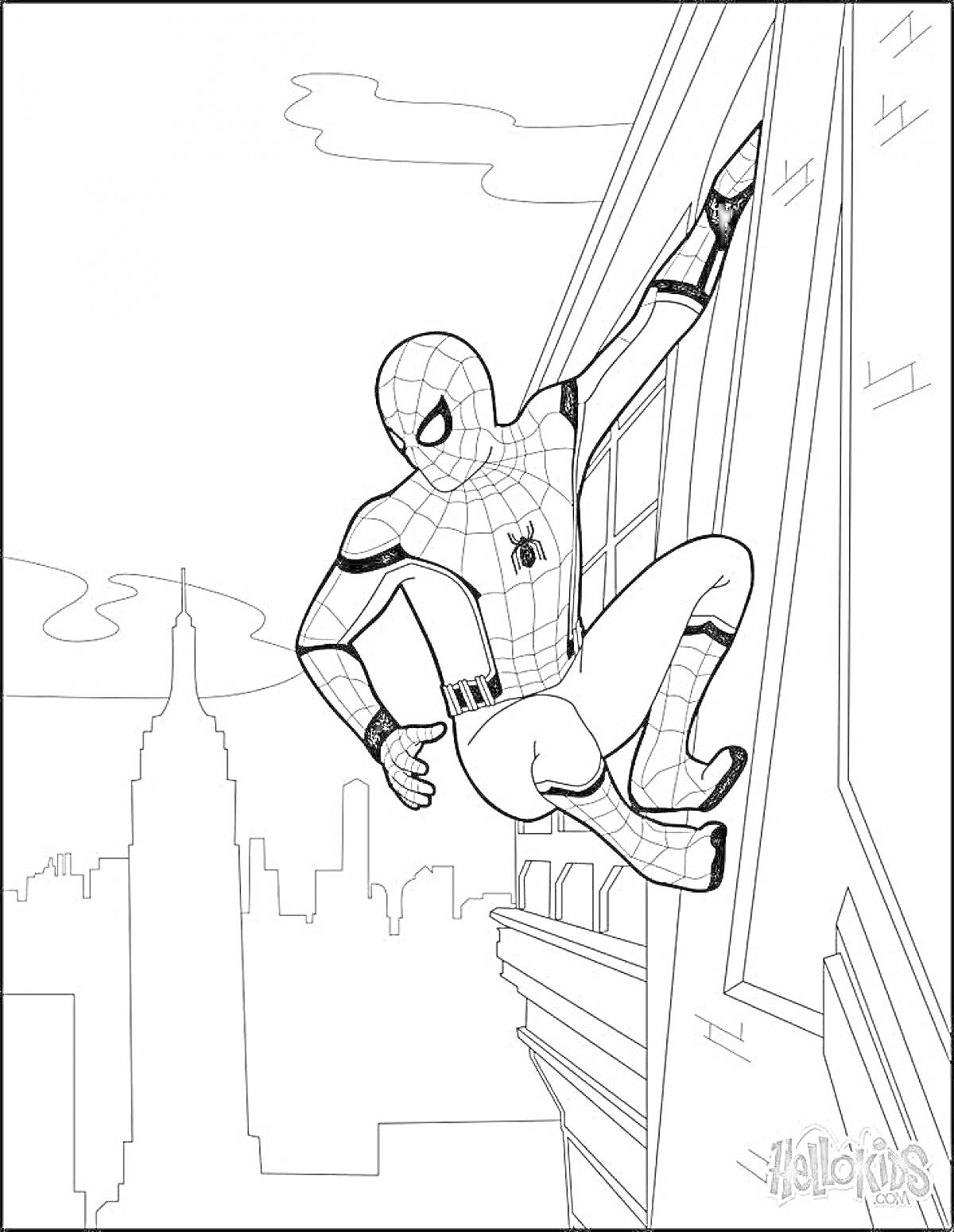 Раскраска Человек-Паук карабкается по стене здания на фоне городских небоскребов