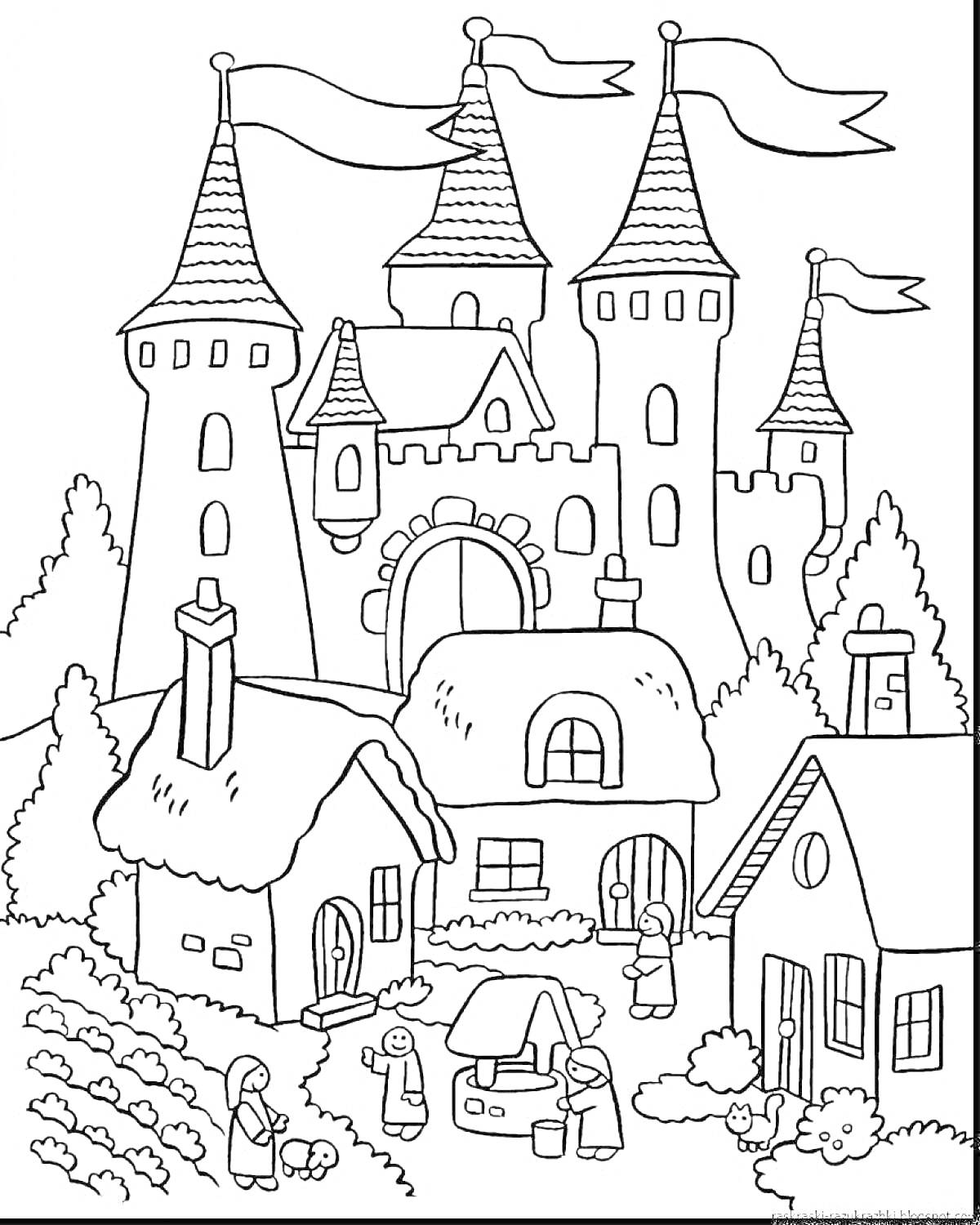 На раскраске изображено: Замок, Башни, Деревня, Колодец, Природа