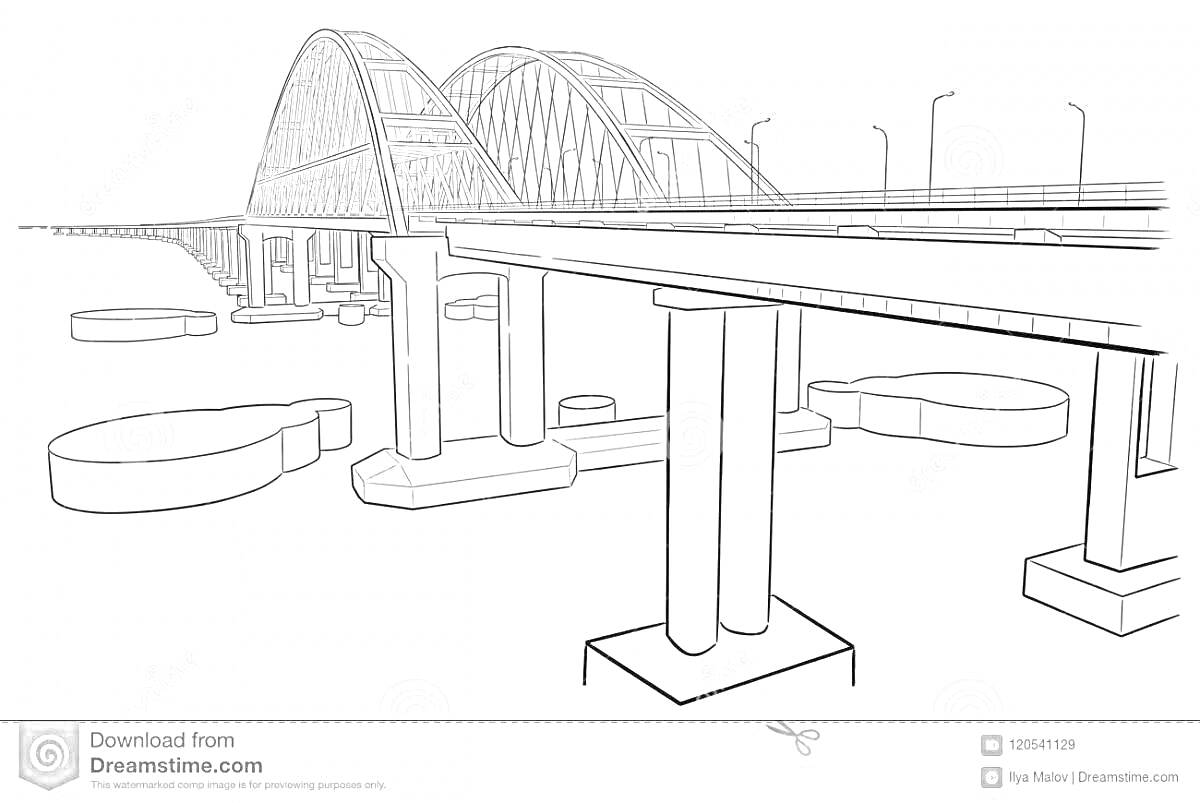 На раскраске изображено: Крымский мост, Мост, Железная дорога, Столбы, Вода, Пейзаж, Инфраструктура