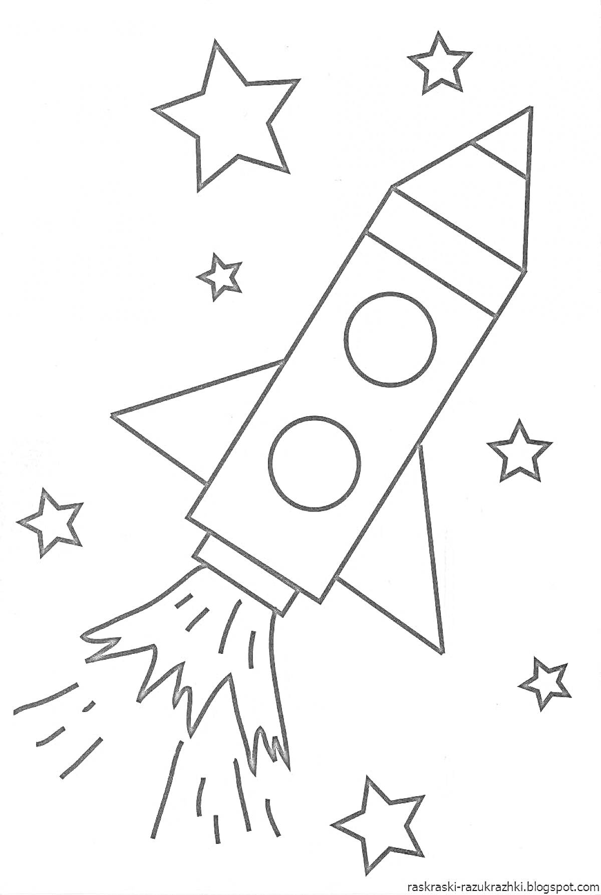 На раскраске изображено: Ракета, Космос, Звезды, Иллюминаторы, Для детей 3-4 лет, Полет, Космический корабль