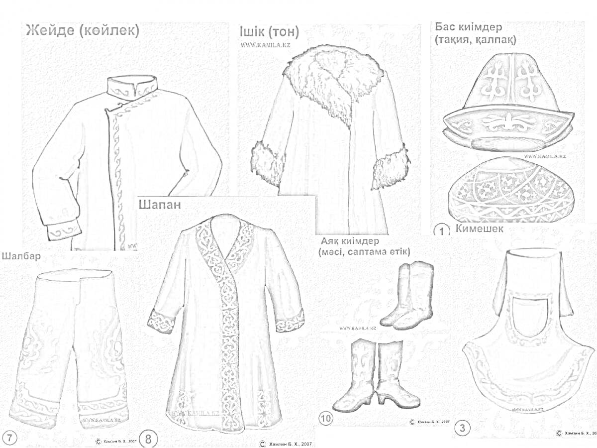 Раскраска национальная одежда и аксессуары. На изображении представлены следующие элементы: жилет (жеңелек), шапка, шапан, тақия (бөрік), кәжекей, жоғары қонышты етік (жоғарғы голенище сапоги), моншақ (бусы).