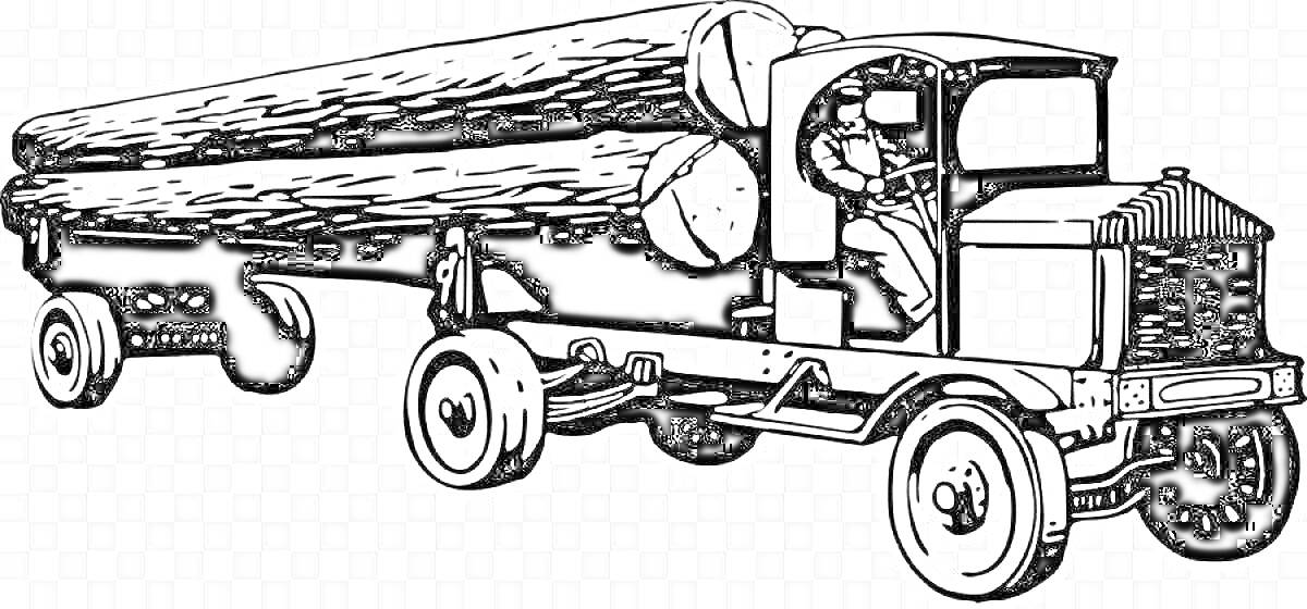 Раскраска Грузовик лесовоз с бревнами и водителем