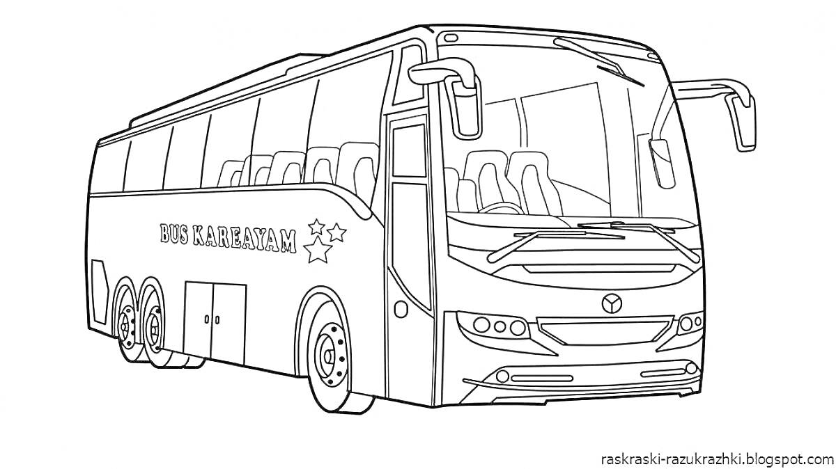 На раскраске изображено: Автобус, Транспорт, Колёса, Окна, Боковое зеркало